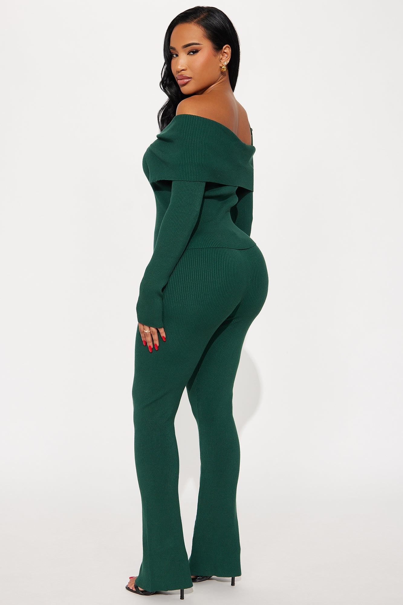 Sophie Off Shoulder Sweater Scarf Pant Set - Hunter