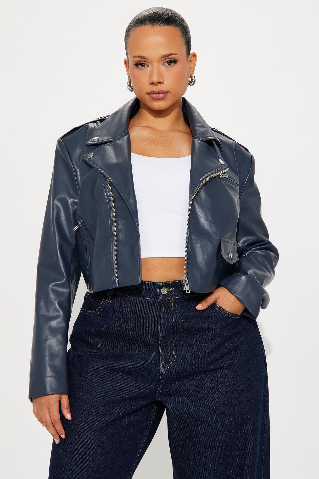Break The Mold Faux Leather Moto Jacket - Blue