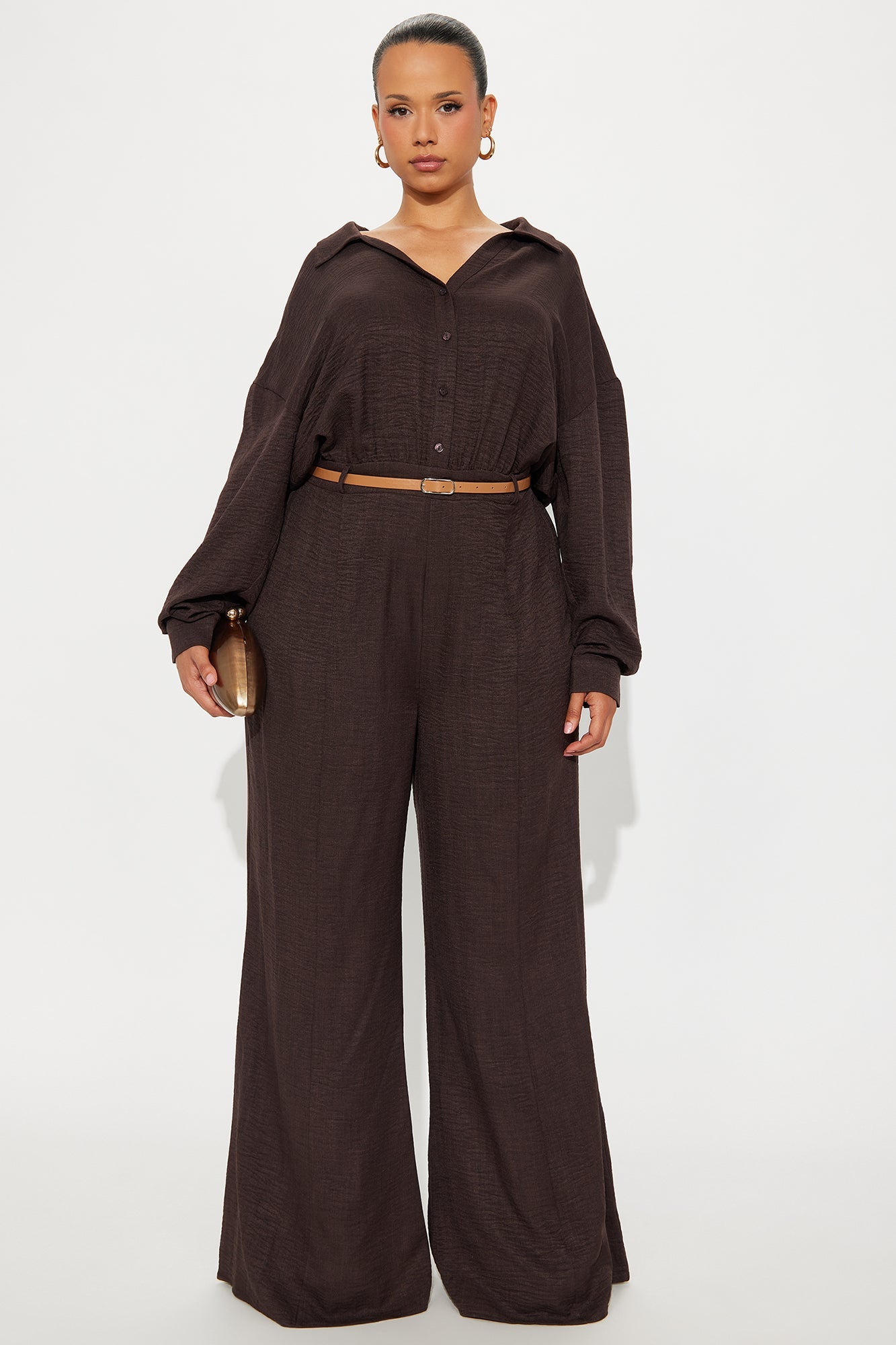 Demetria Belted Flare Jumpsuit - Chocolate
