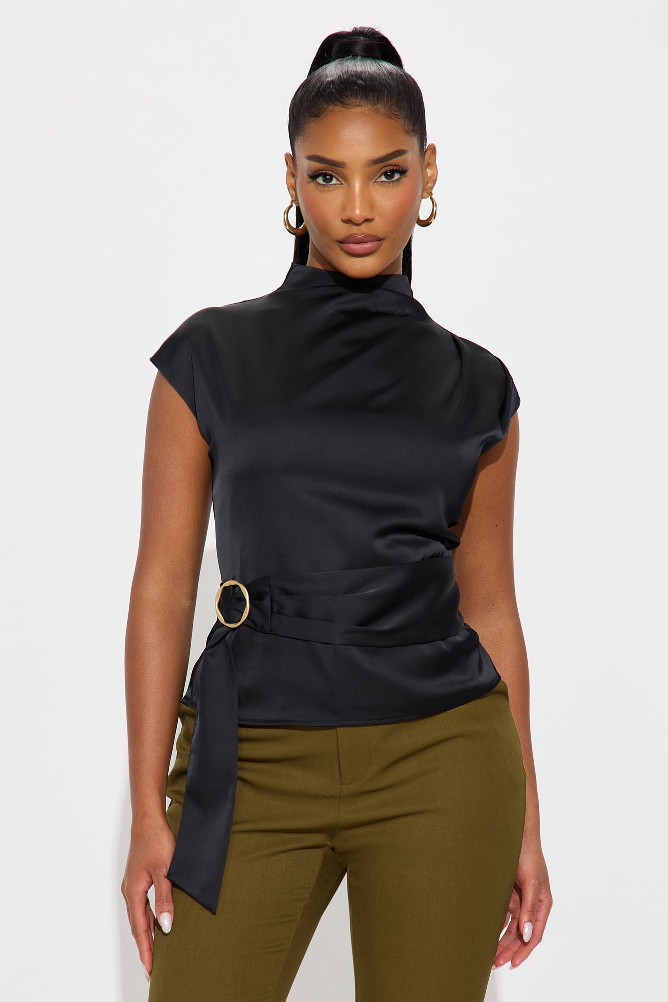 Secret Society Belted Satin Top - Black
