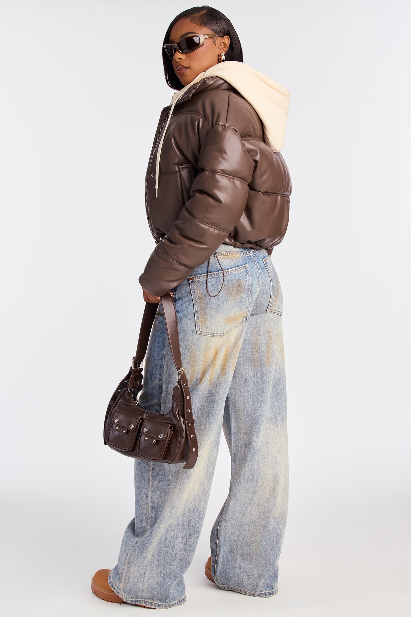 Blake Layered Faux Leather Puffer Jacket - Chocolate/Combo
