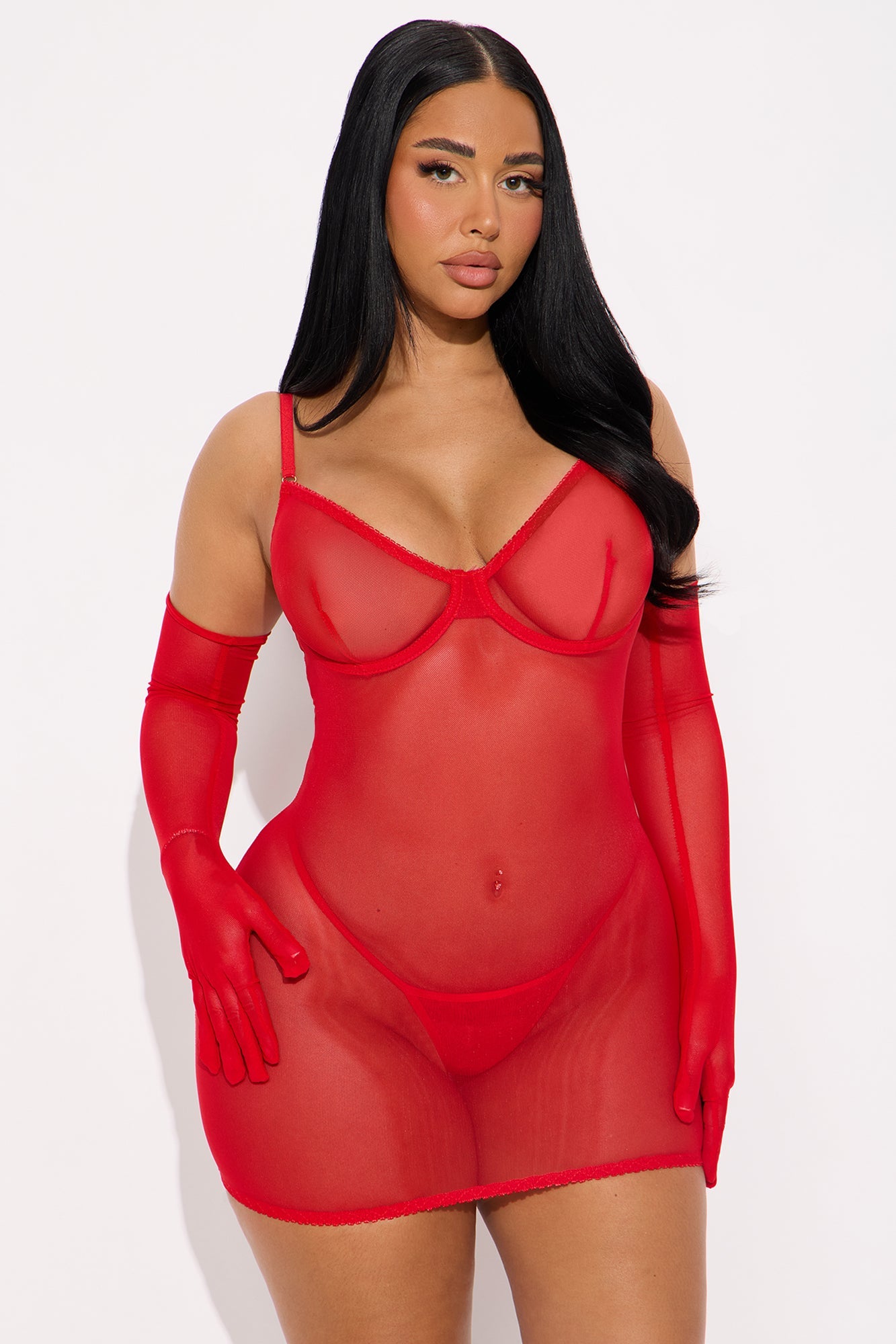 Harley Mesh Chemise Dress With Gloves - Red