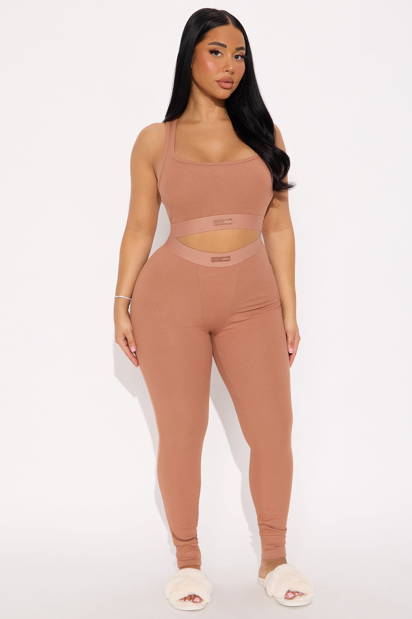 FN Mood Racerback Bra And Legging 2 Piece Ribbed Cotton Set - Mocha