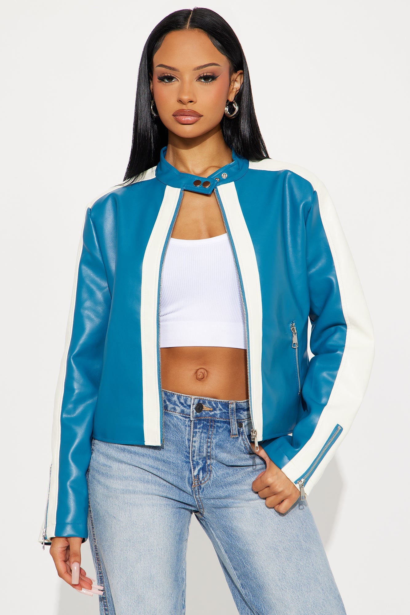 Destiny Faux Leather Moto Jacket - Teal/combo