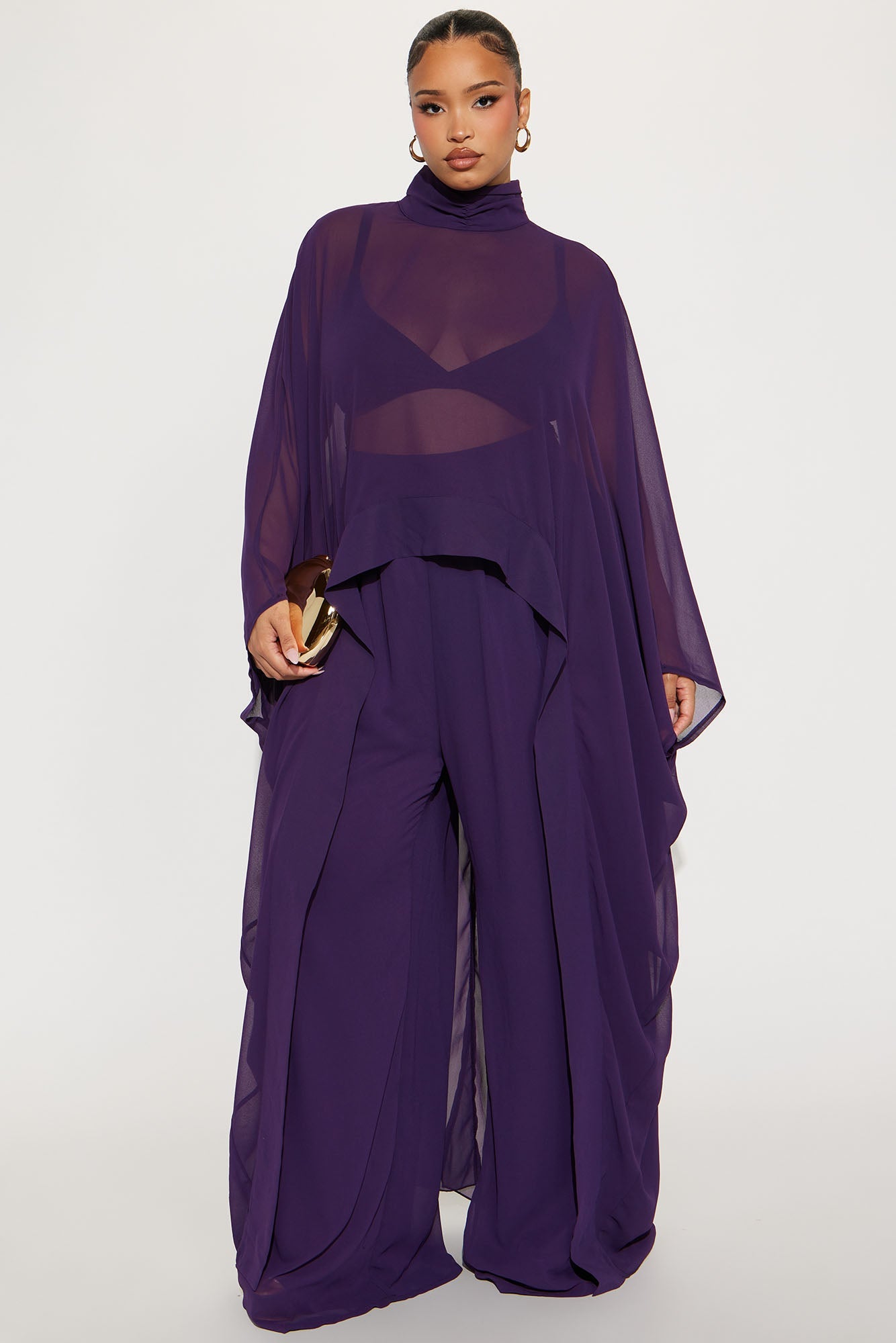 Sheer Moment Draped Pant Set - Eggplant
