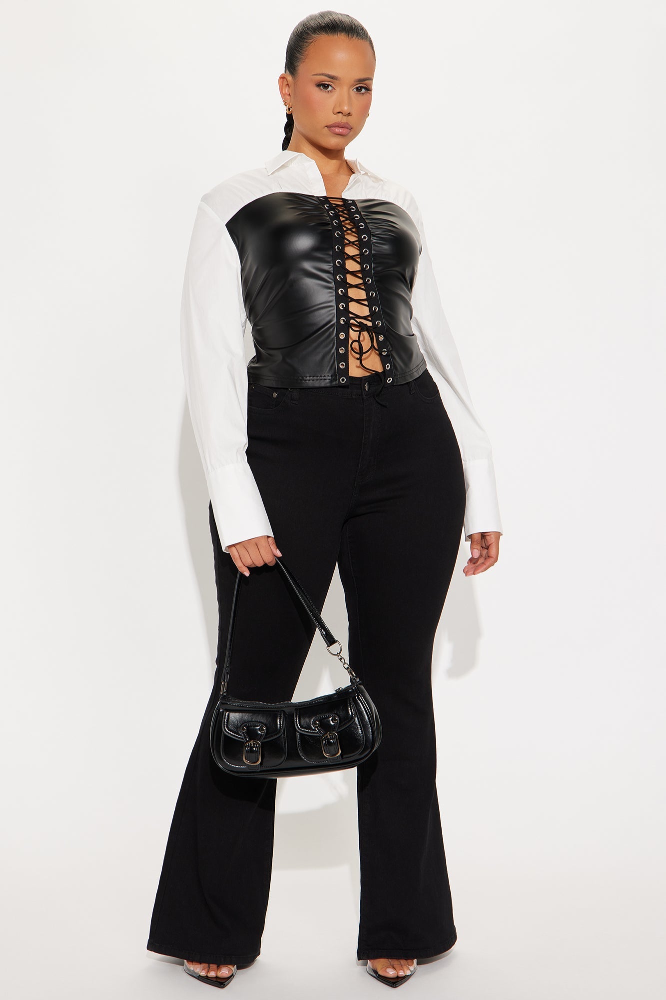 Main Character Poplin Contrast Faux Leather Top - Black/White