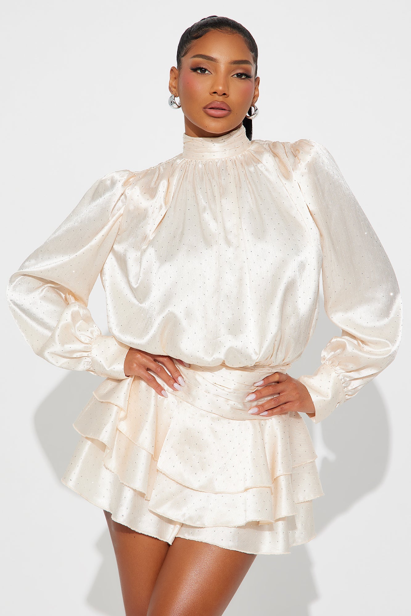 Say Please Satin Long Sleeve Romper - Cream