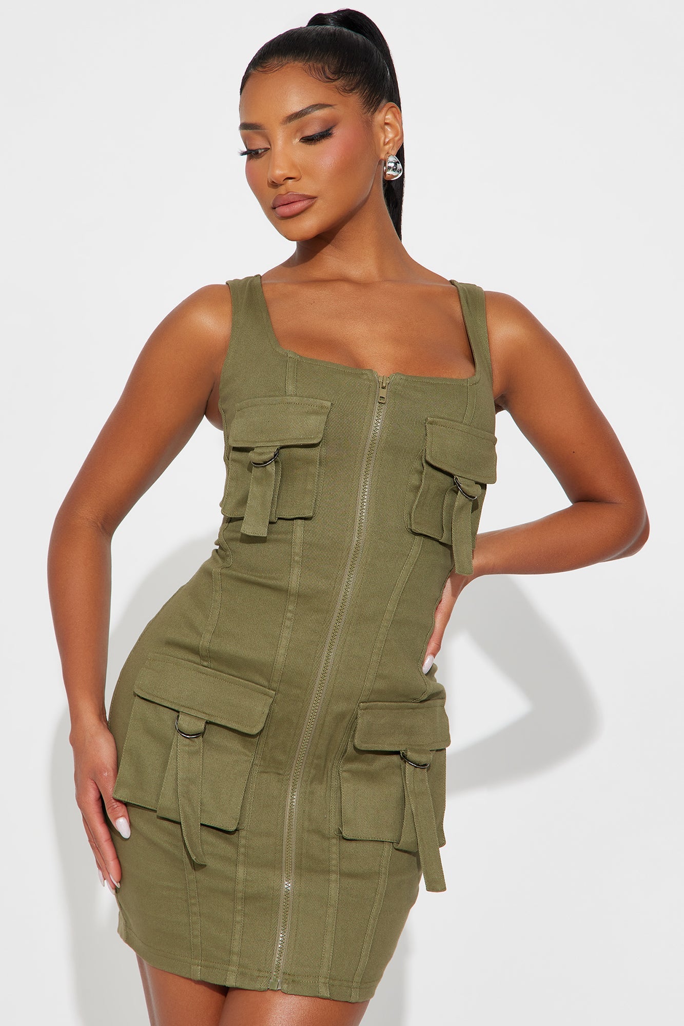Cami Cargo Twill Stretch Mini Dress - Olive