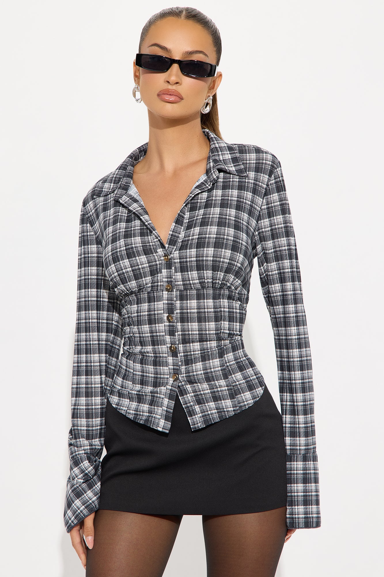 Norah Long Sleeve Button Up Plaid Shirt - Black/White