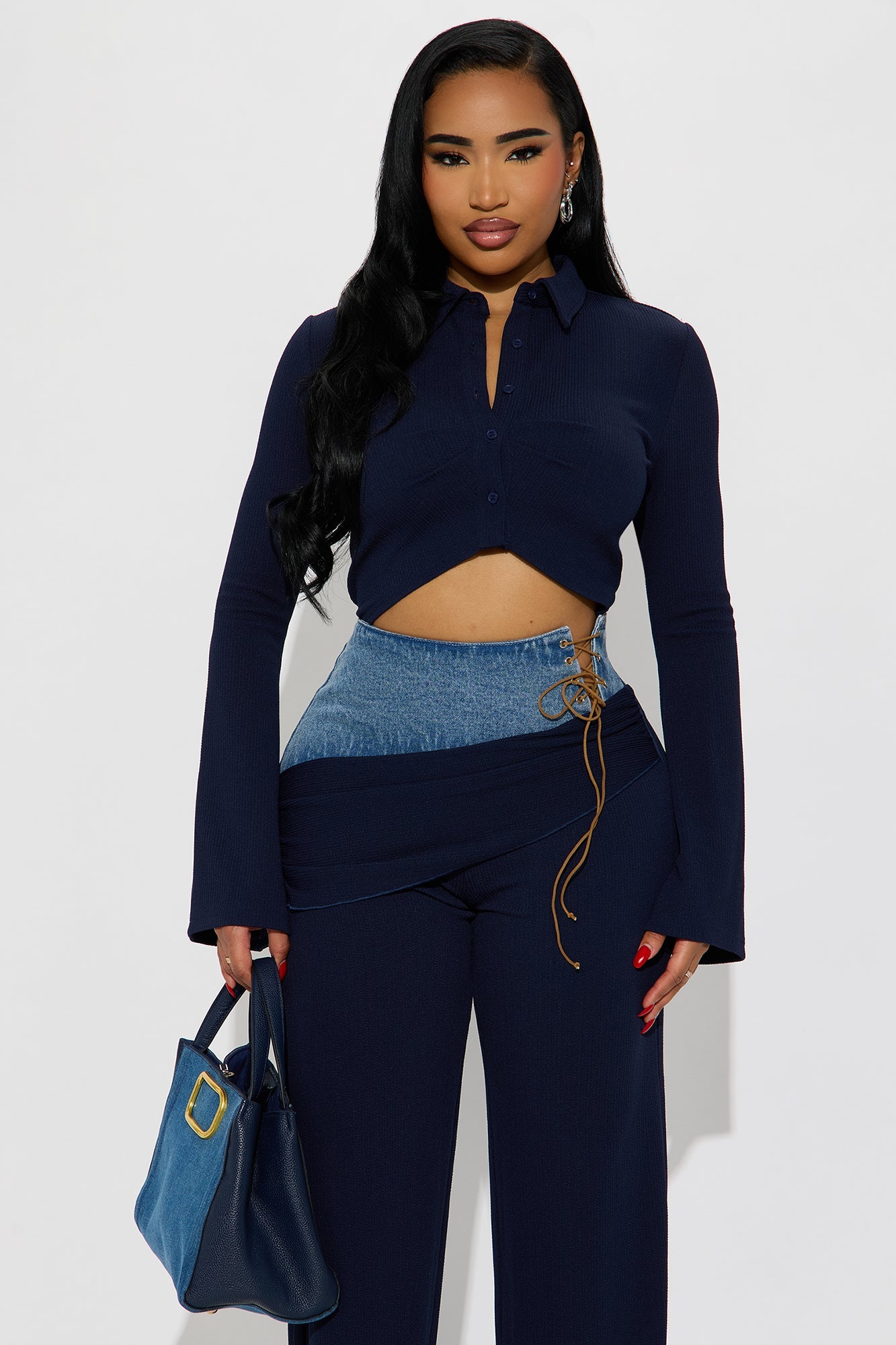 Mix It Up Ribbed Wide Leg Jumpsuit - Navy/combo