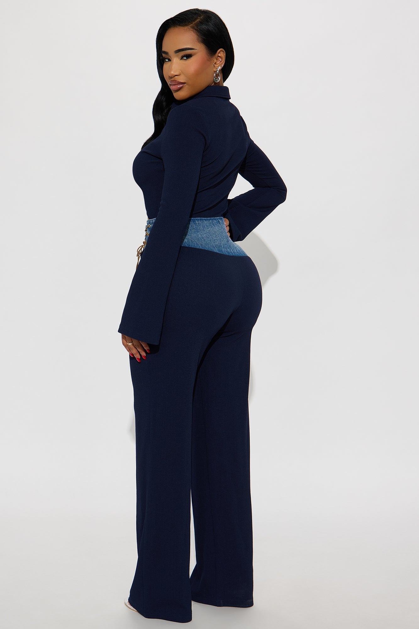 Mix It Up Ribbed Wide Leg Jumpsuit - Navy/combo