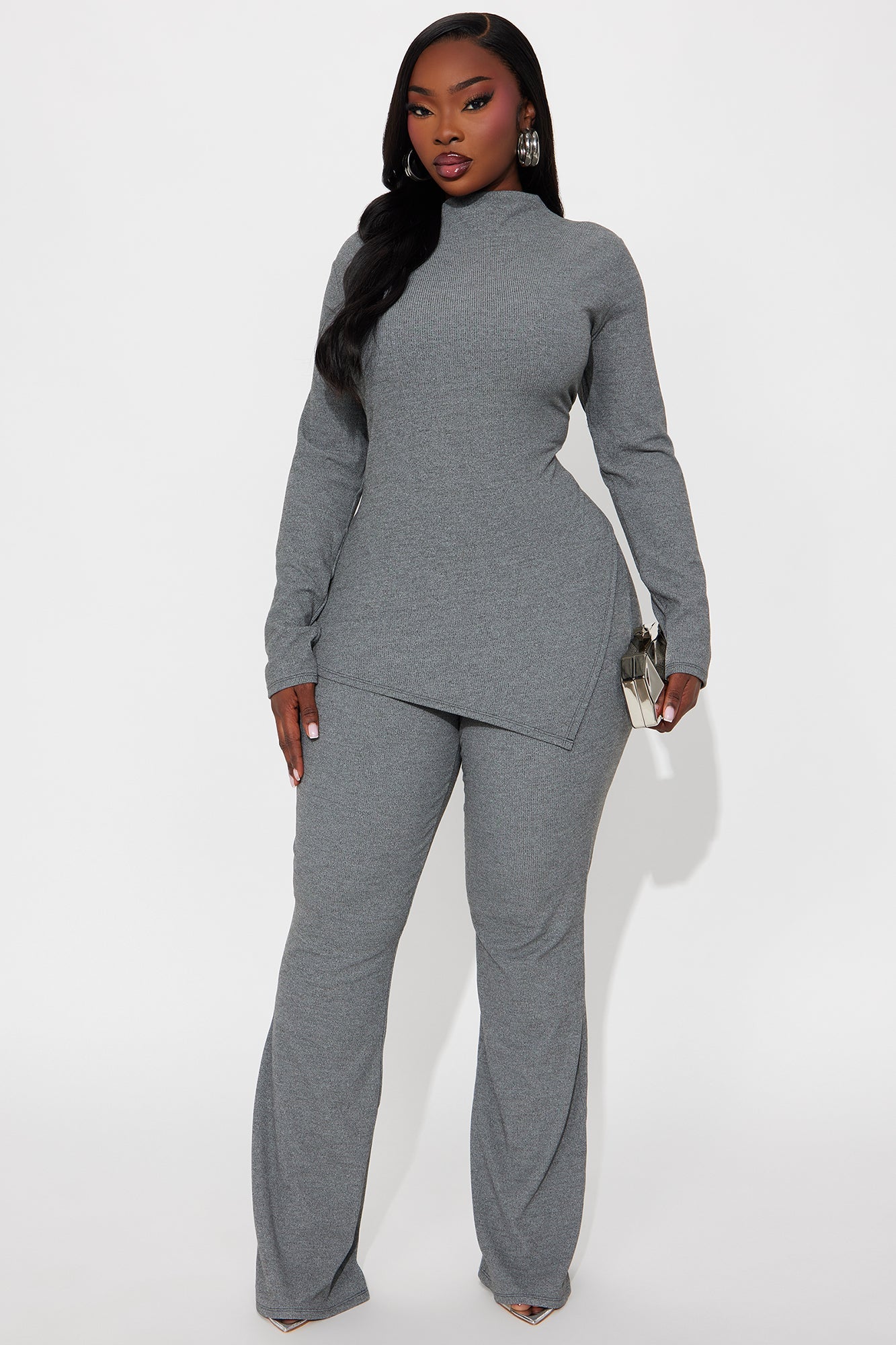 Sienna Ribbed Asymmetrical Long Sleeve Pant Set - Charcoal