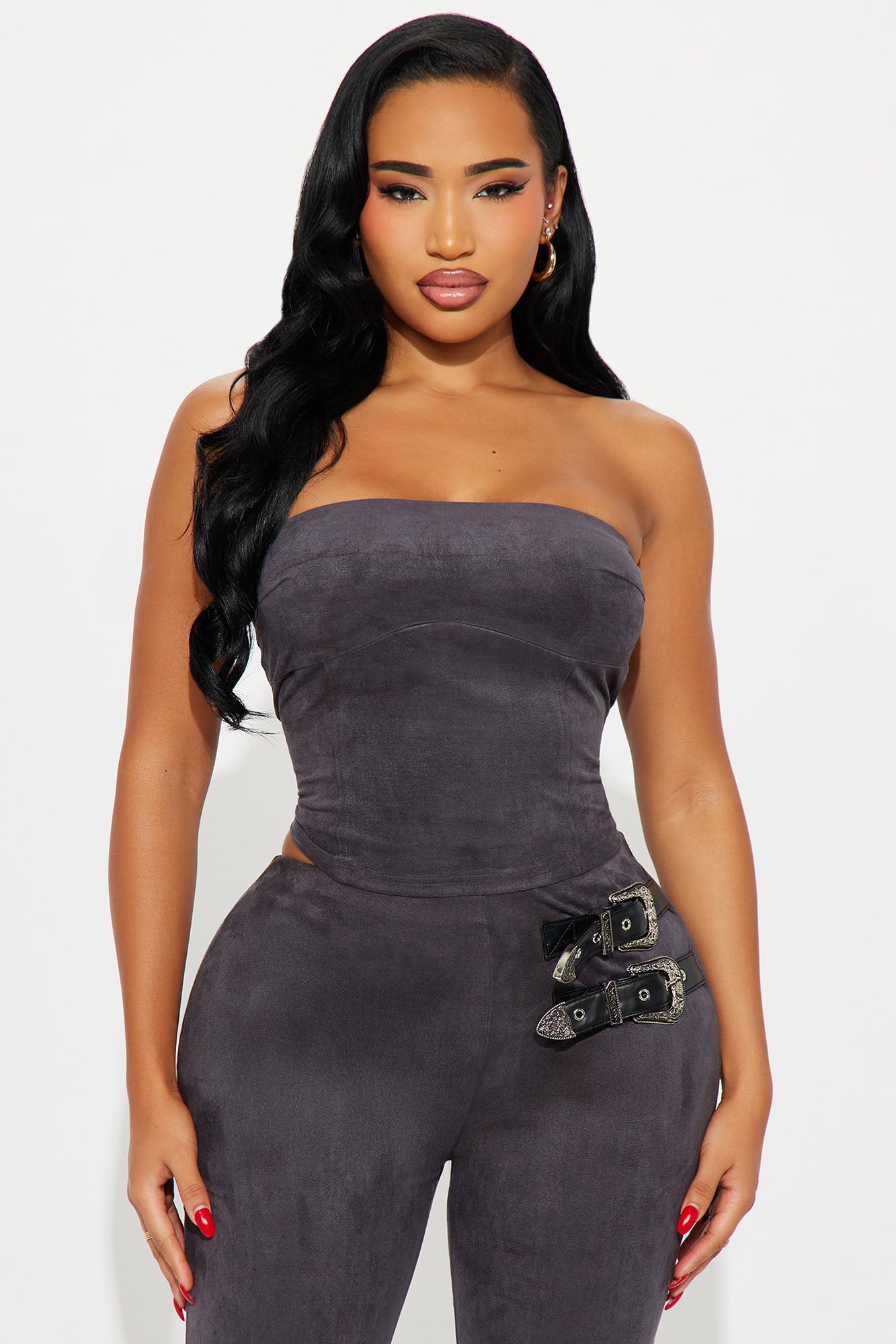 Buckle Up Faux Suede Belted Pant Set - Grey