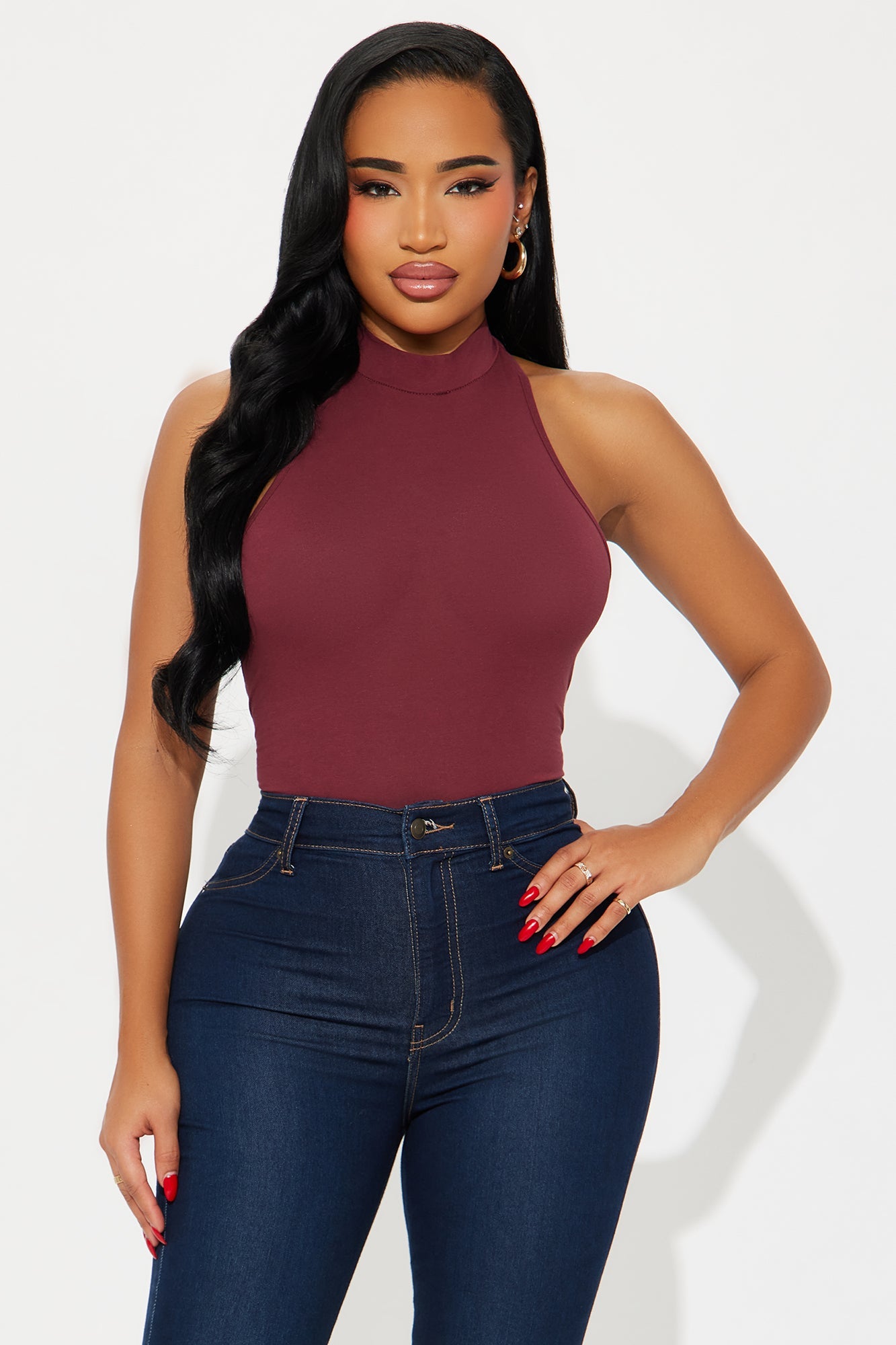 Mel Sleeveless Mock Neck Bodysuit - Burgundy