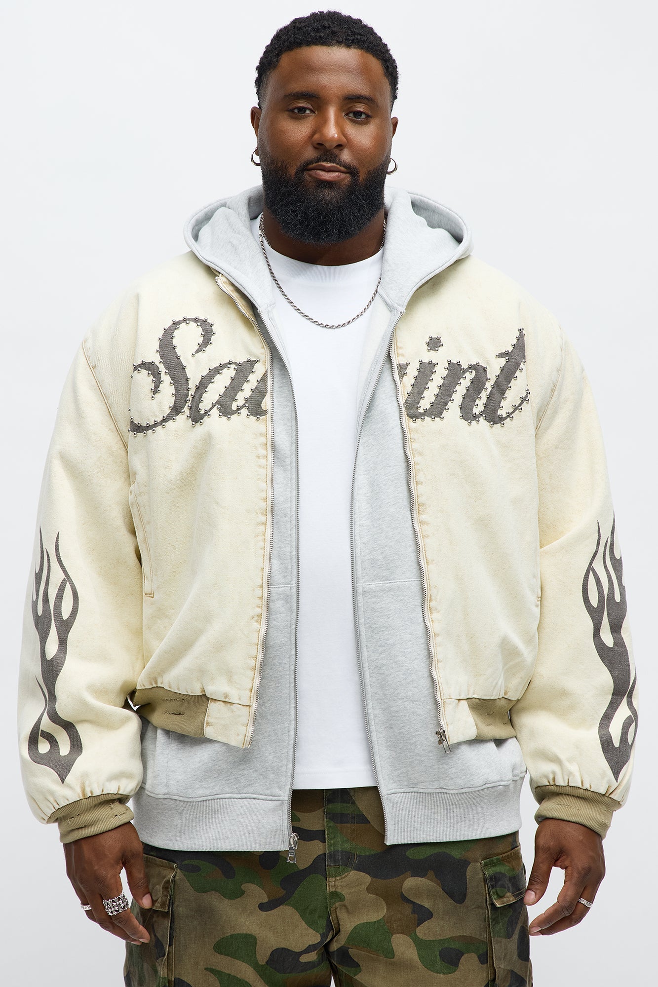 Oversized Studded Saint Utility Bomber Jacket - Stone/Combo