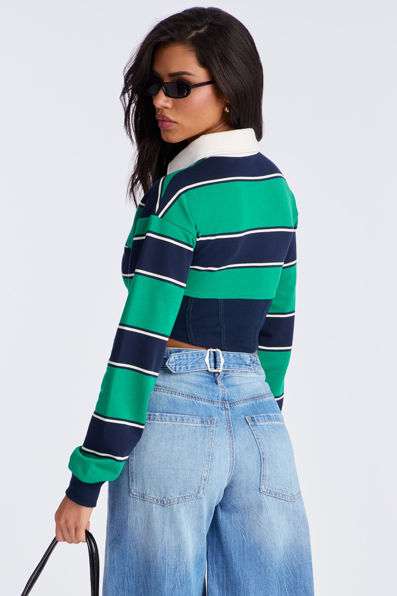 Ravenna Long Sleeve Corset Polo Top - Green/combo