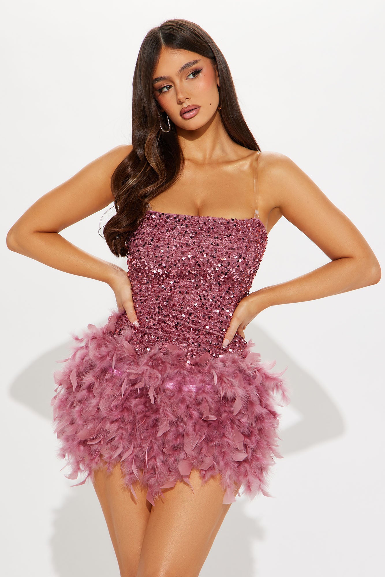 Zoey Feathered Sequin Mini Dress - Mauve