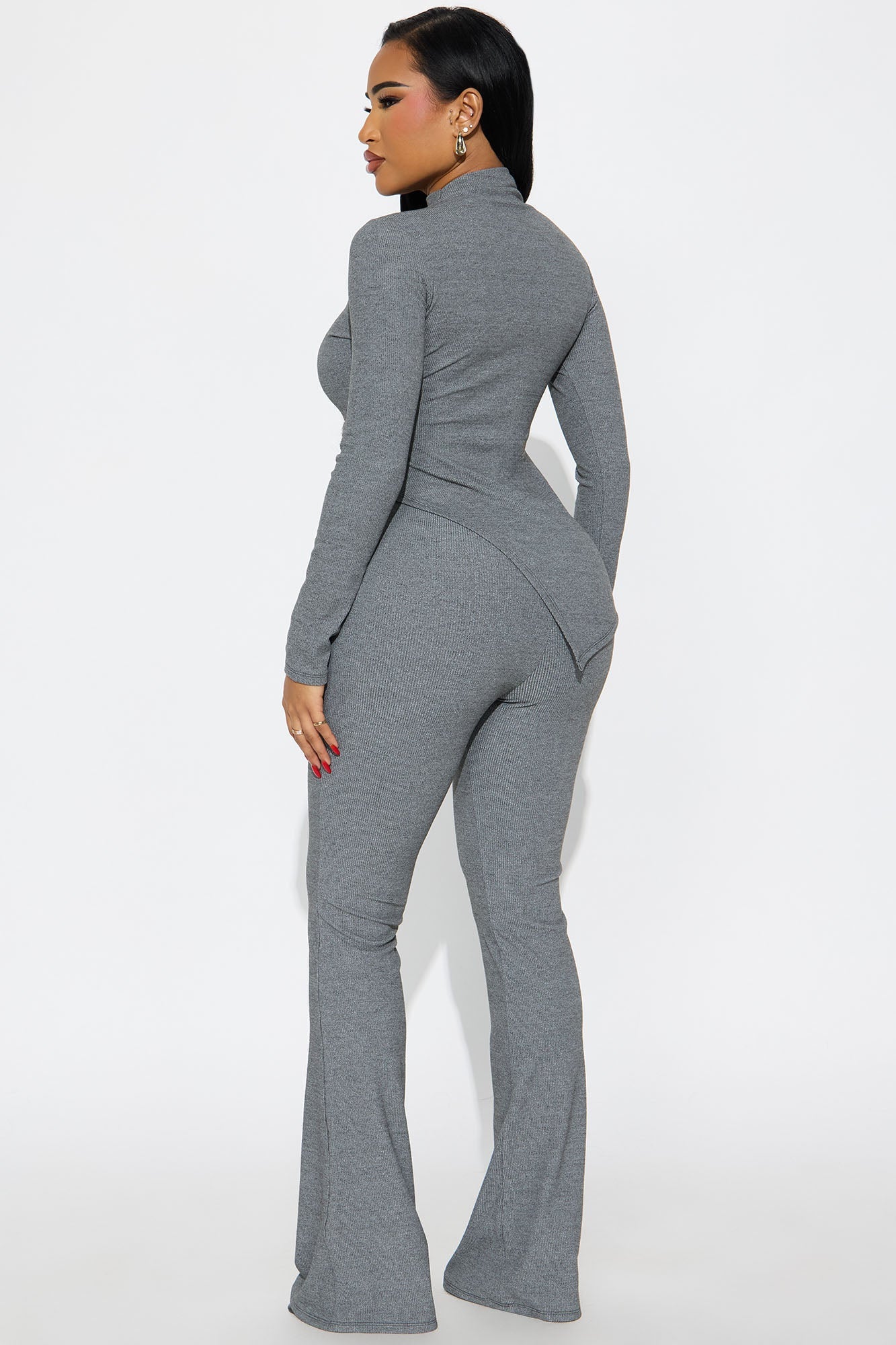 Sienna Ribbed Asymmetrical Long Sleeve Pant Set - Charcoal