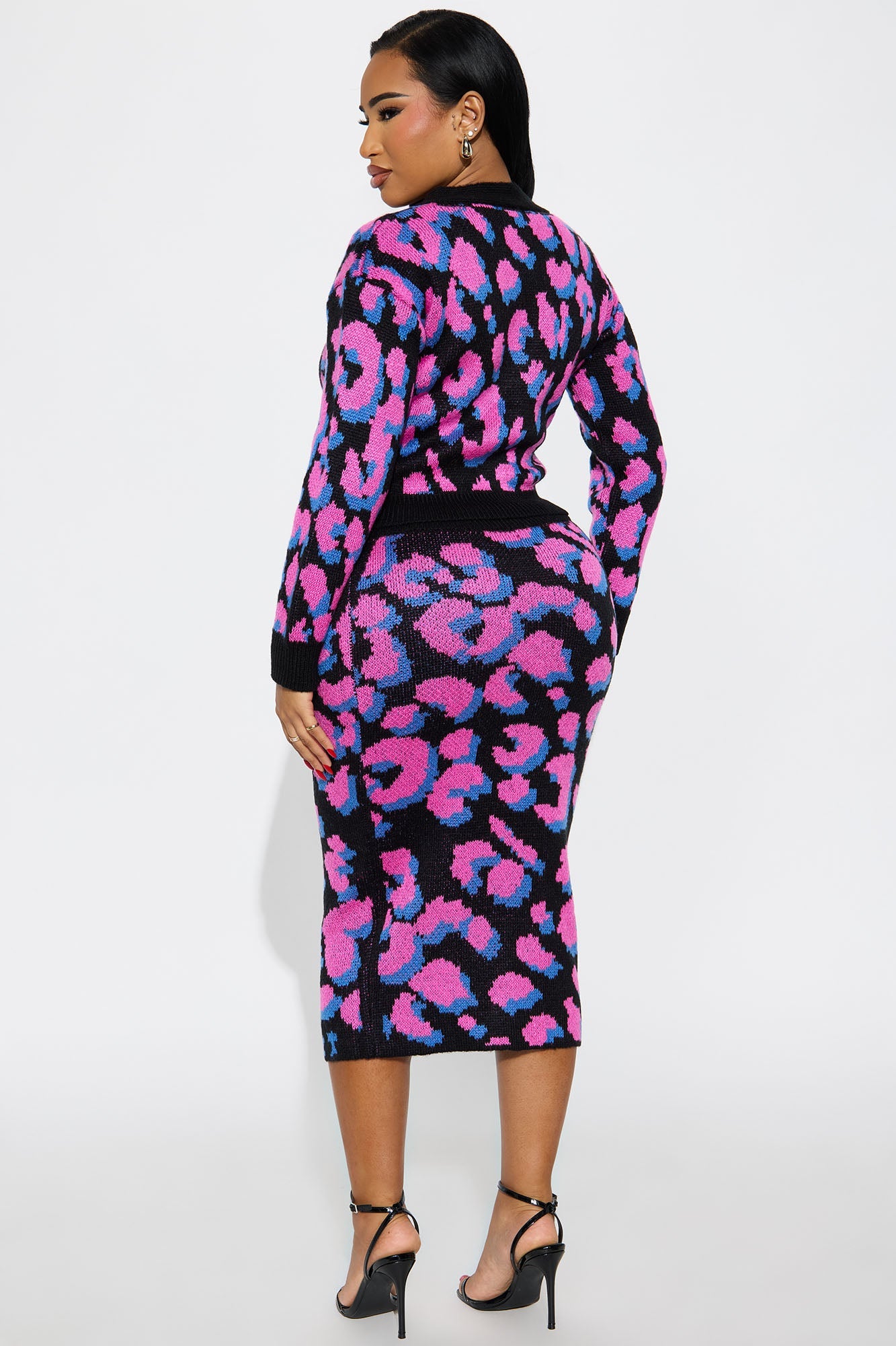 Purr Pressure Leopard Sweater Cardigan Skirt Set - Pink/combo