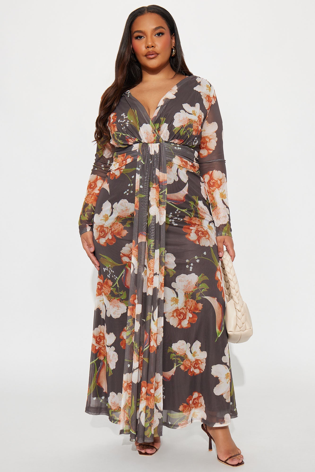 Bare Kiss Floral Mesh Maxi Dress - Dark Brown