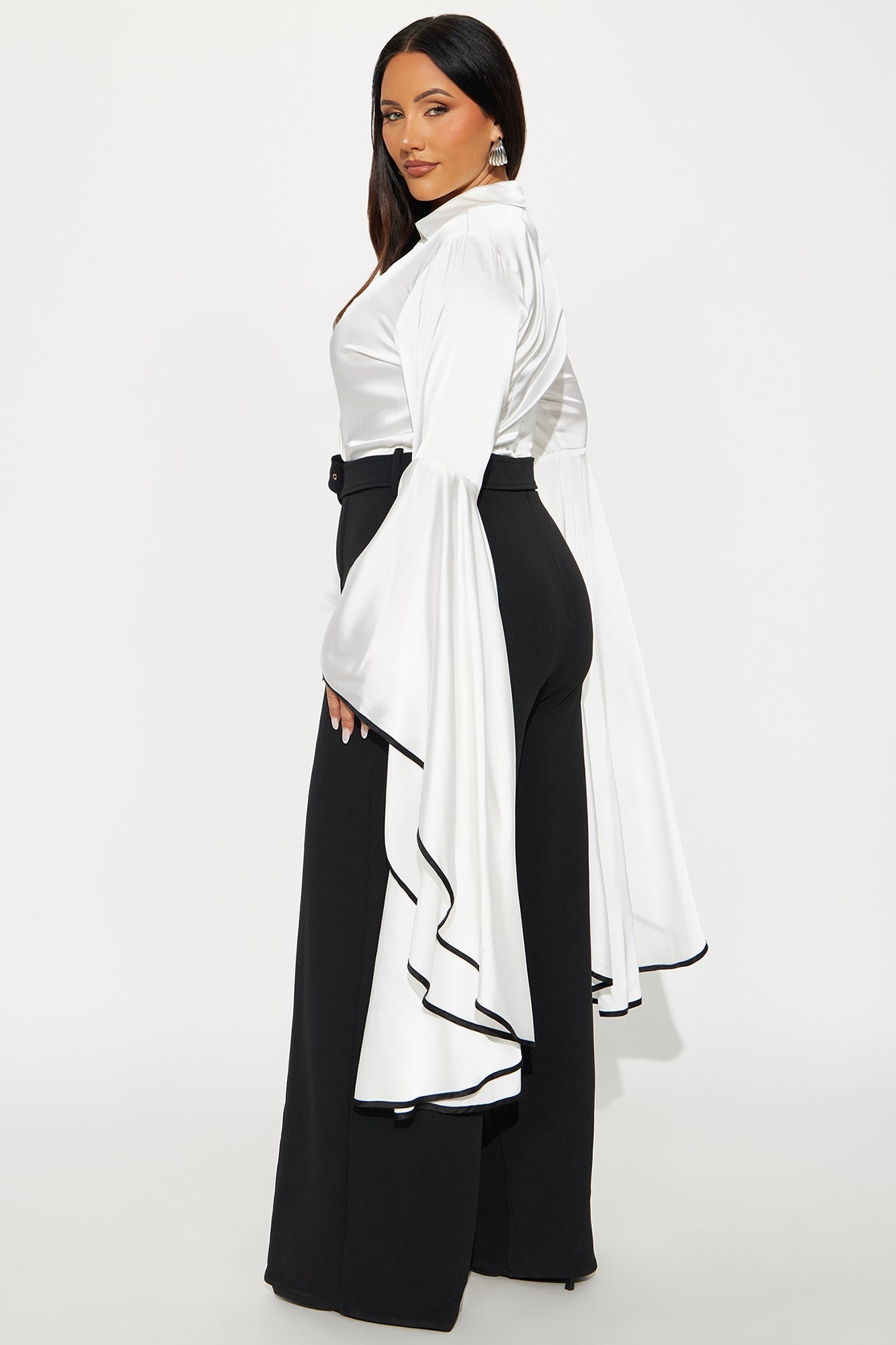 High Value Long Sleeve Wide Leg Jumpsuit - White/Black