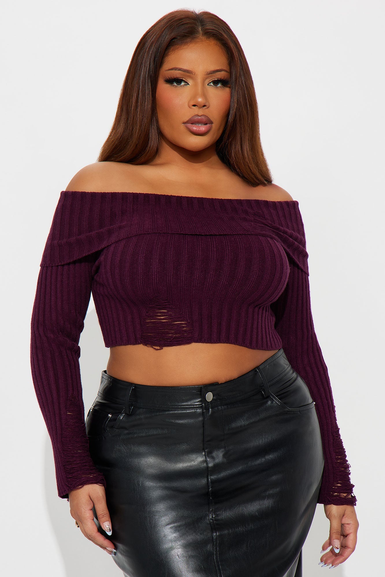 Manifest It Ribbed Off Shoulder Sweater - Plum