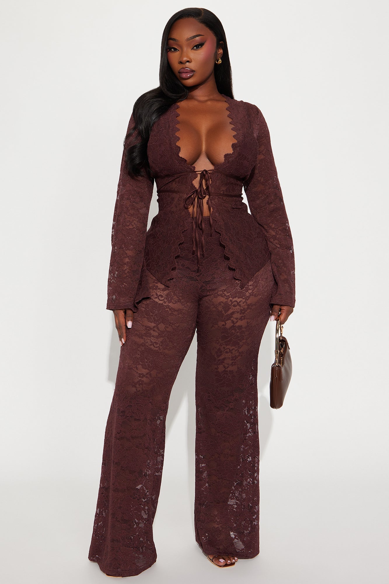 Karla Lace Wide Leg Pant Set - Brown