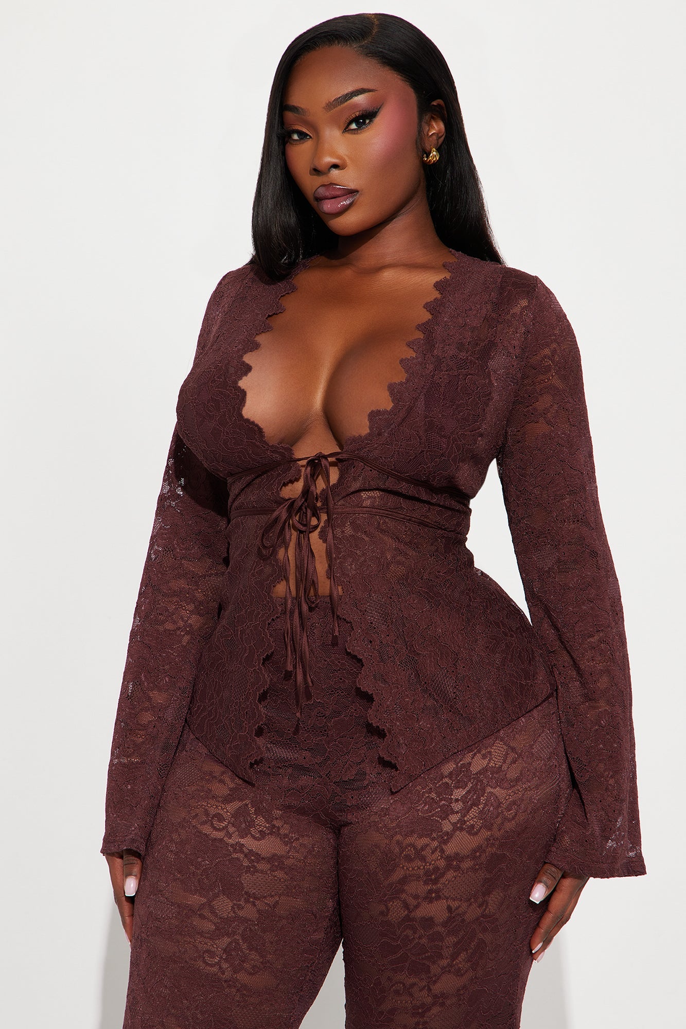 Karla Lace Wide Leg Pant Set - Brown