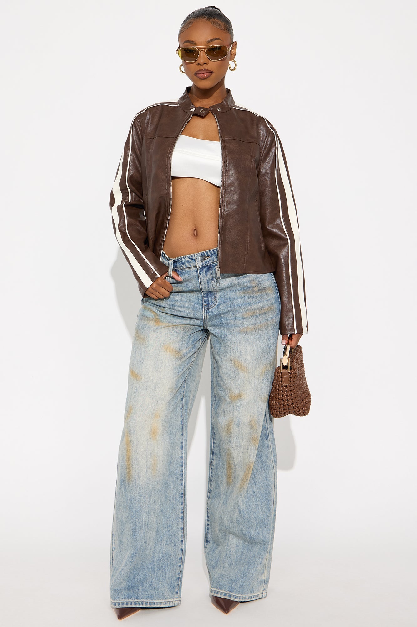 Play It Cool Faux Leather Moto Jacket - Brown/combo