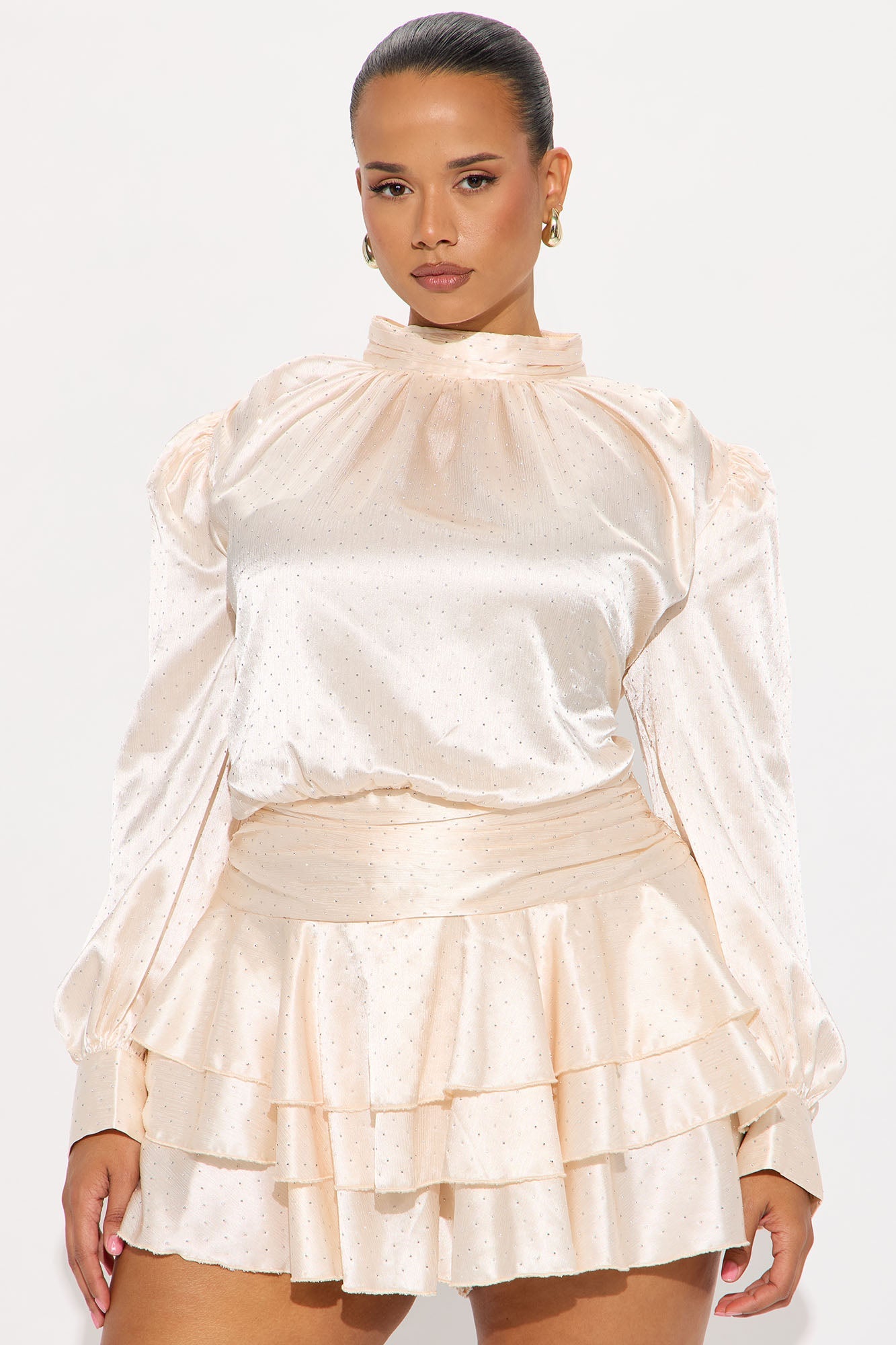 Say Please Satin Long Sleeve Romper - Cream