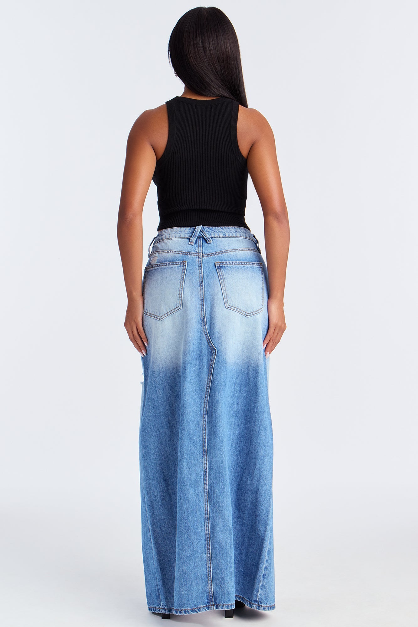 Josie Destructed Washed Denim Maxi Skirt - Medium Wash