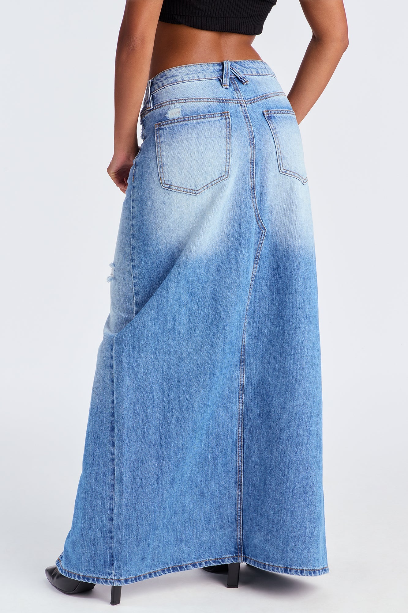 Josie Destructed Washed Denim Maxi Skirt - Medium Wash