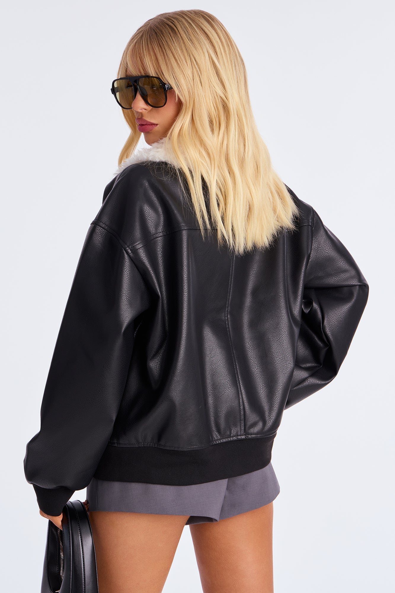 Mia Faux Leather Fur Bomber Jacket - Black