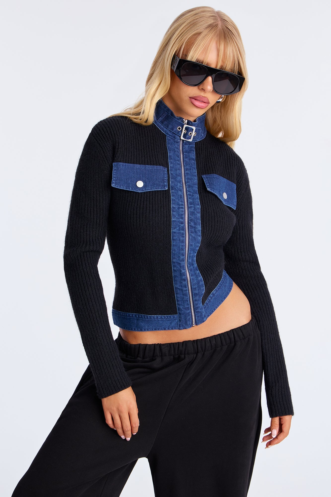 Denim Fever Front Zip Sweater - Black/combo