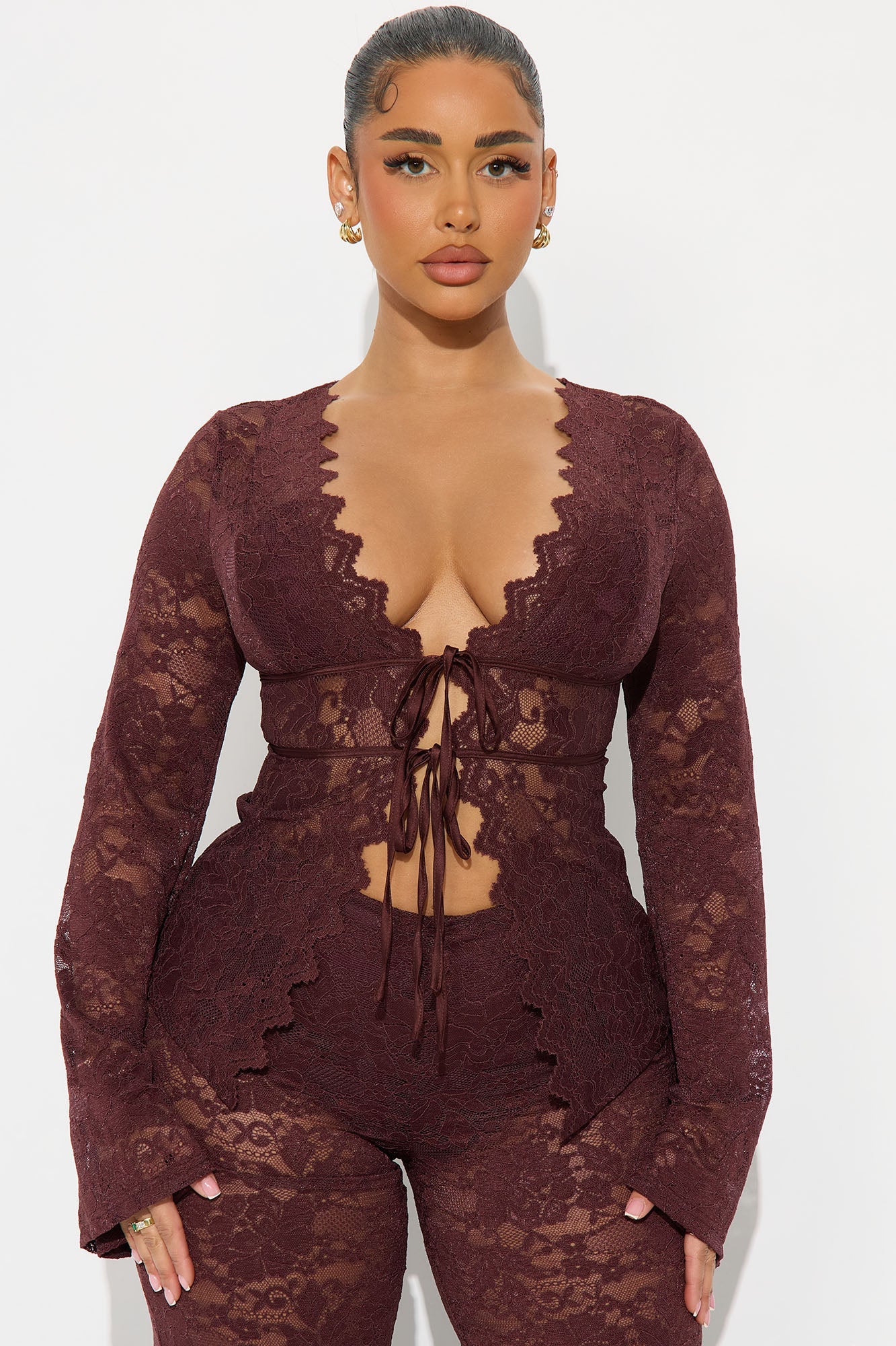 Karla Lace Wide Leg Pant Set - Brown