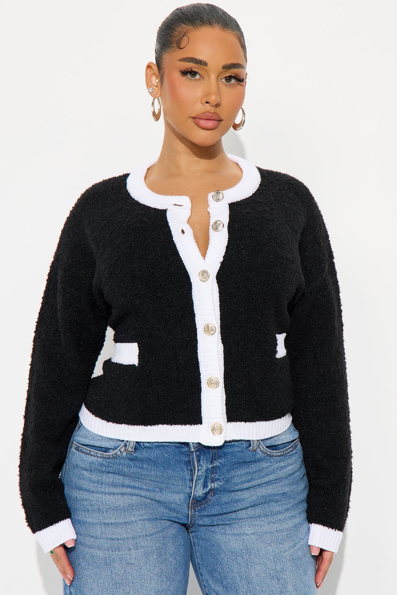 High Tea Girl Contrast Cardigan - Black/White