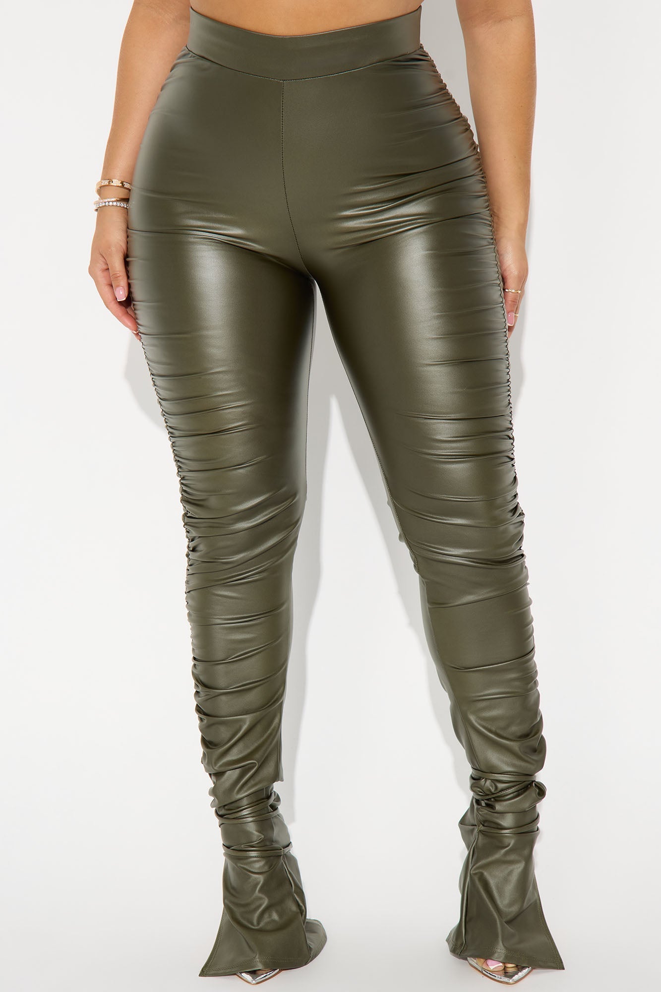 Heat Wave Faux Leather Stacked Pants - Olive