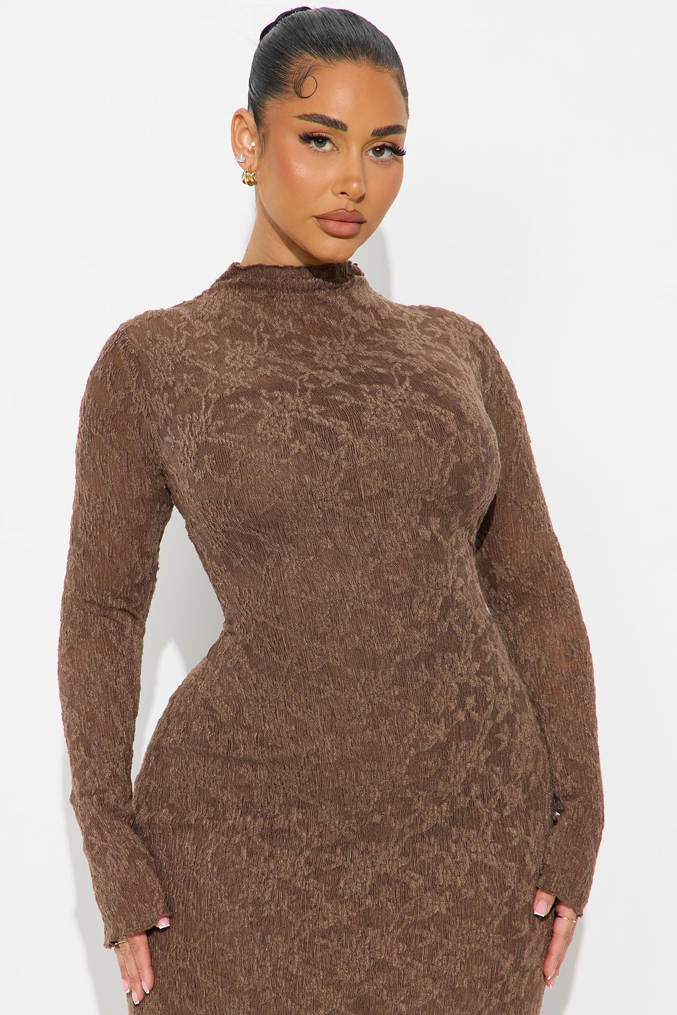 Maia Textured Long Sleeve Maxi Dress - Brown