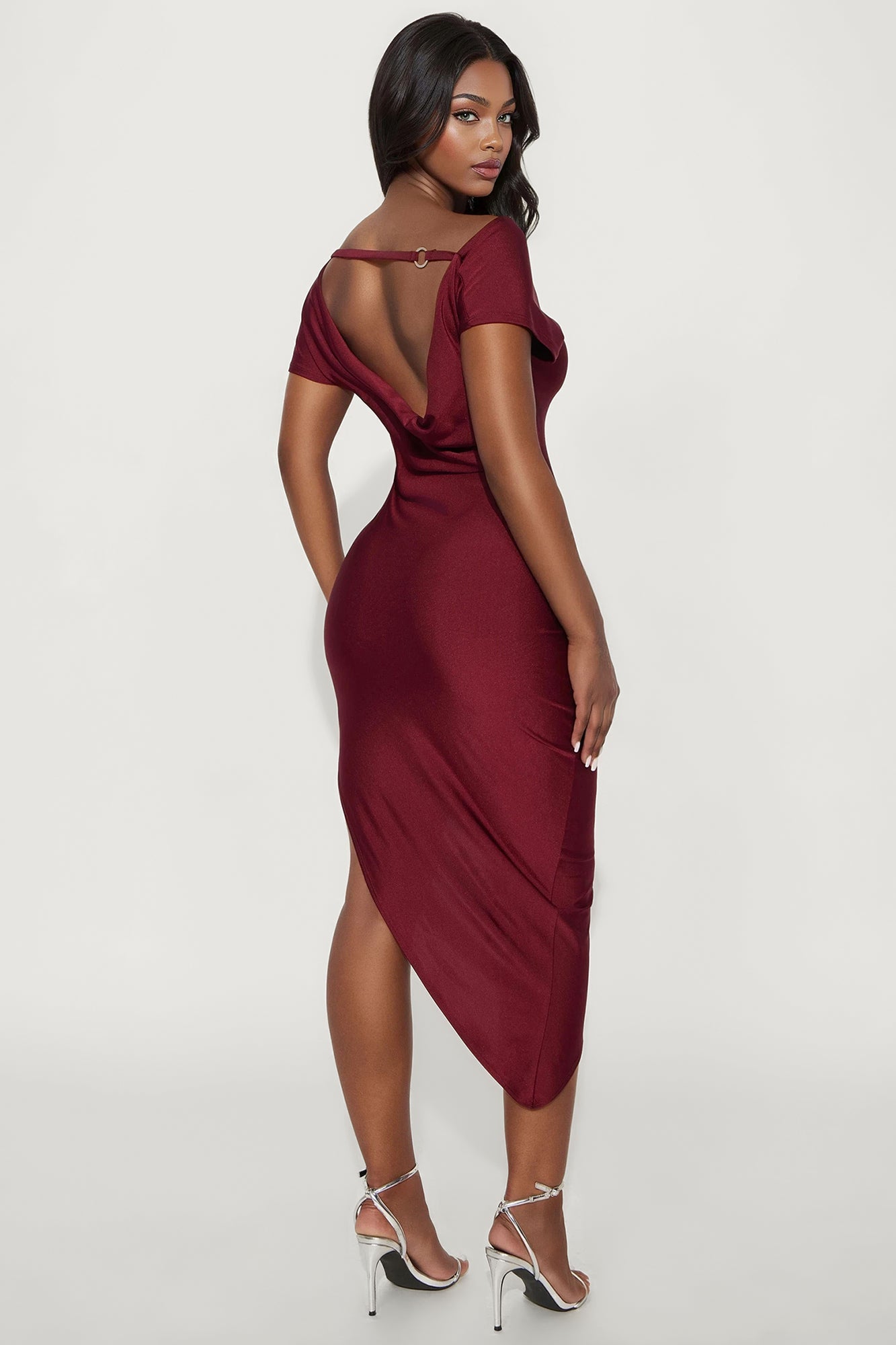 Serene Escape Stretch Shine Midi Dress - Burgundy