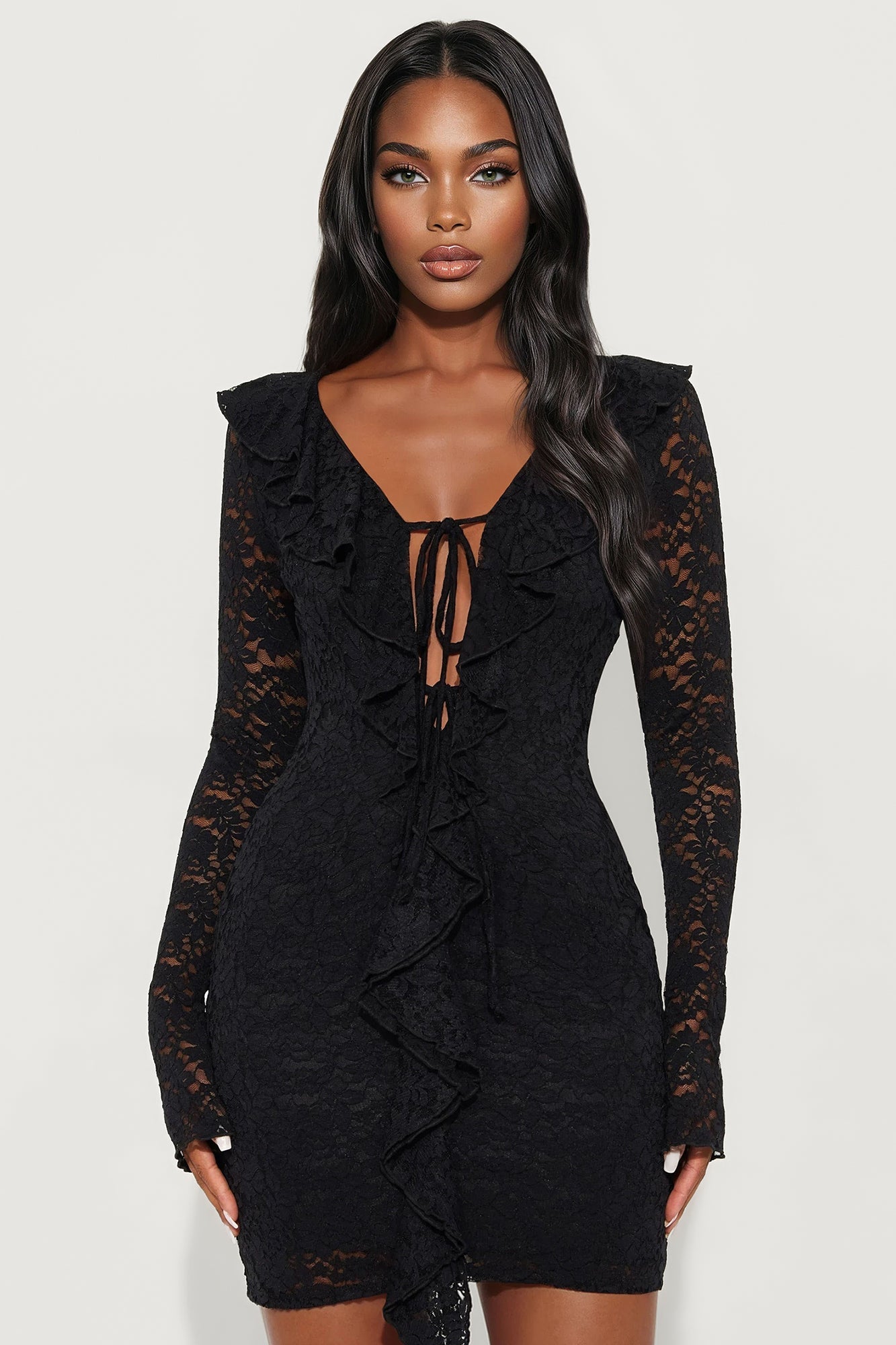 Amelia Lace Long Sleeve Mini Dress - Black