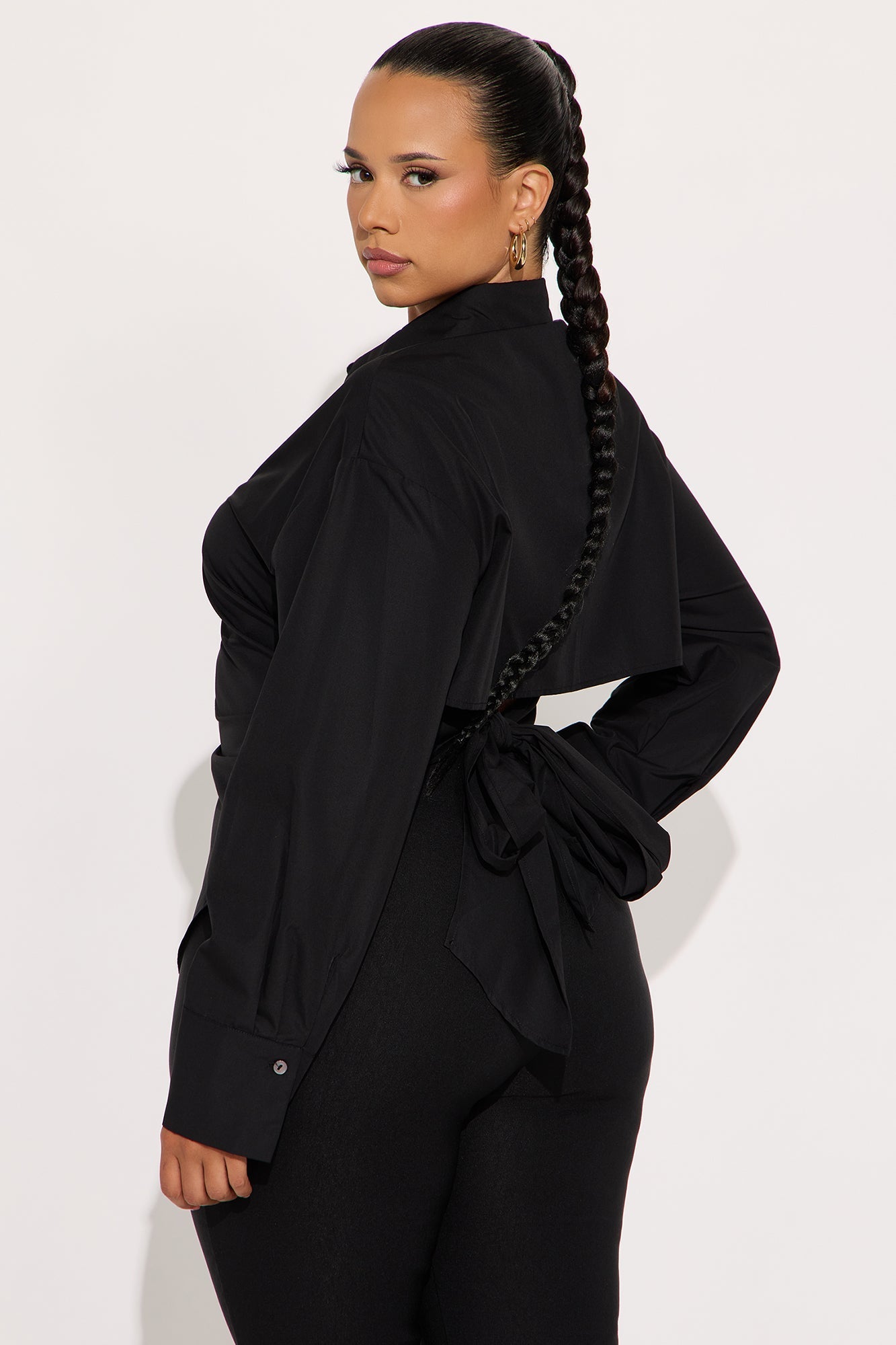 Corporate Baddie Tie Back Poplin Shirt - Black