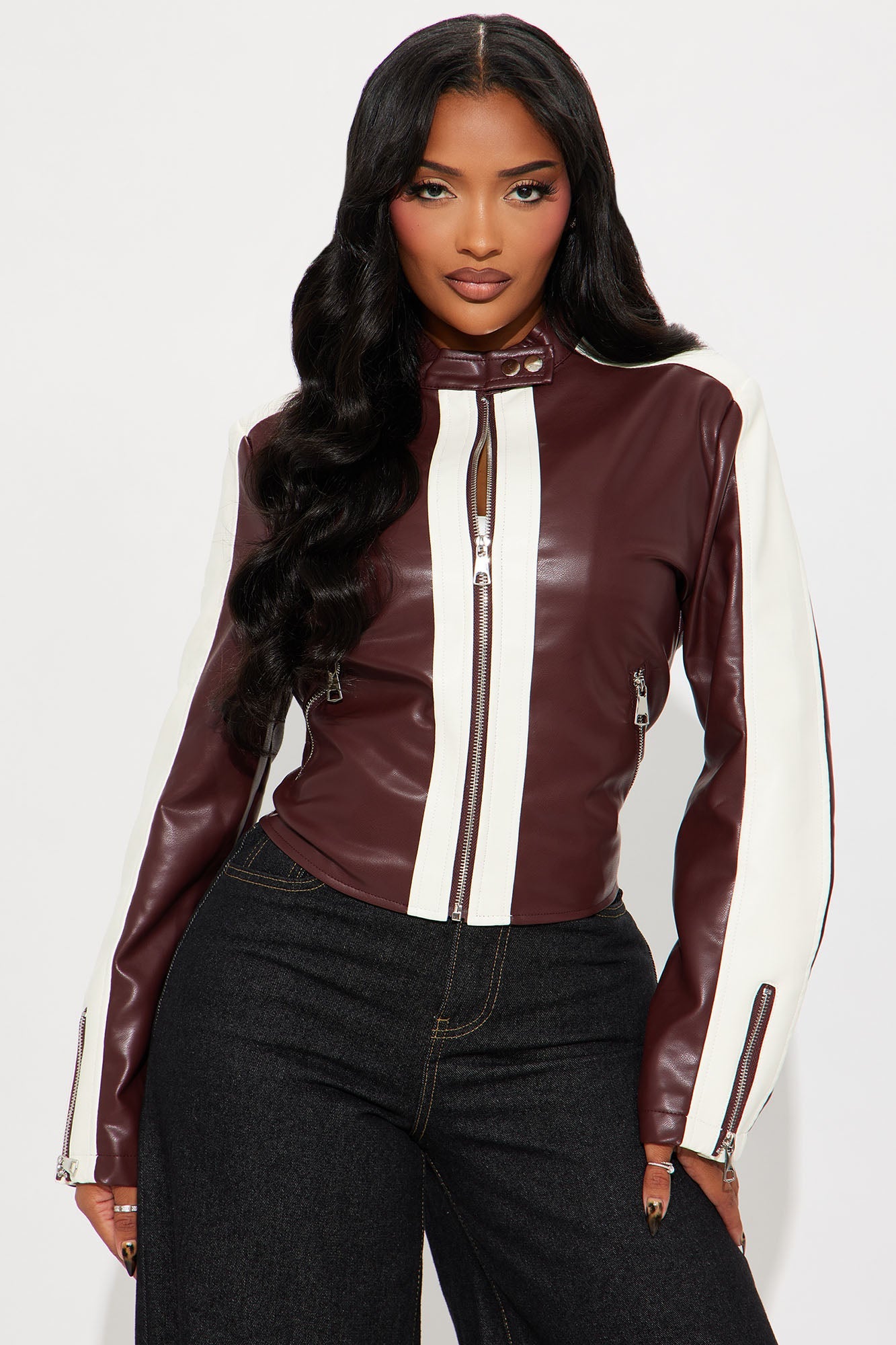 Destiny Faux Leather Moto Jacket - Burgundy/combo