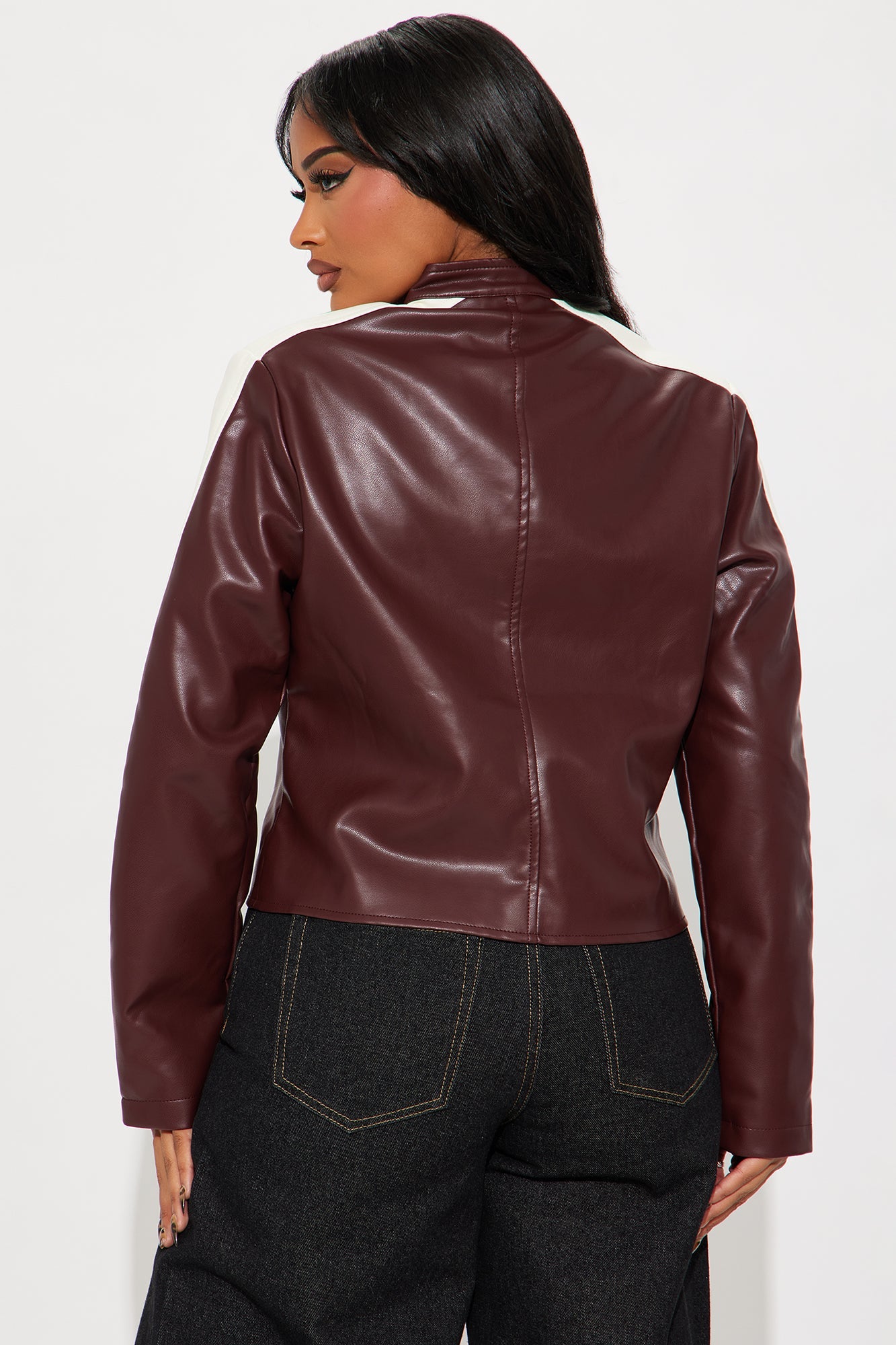 Destiny Faux Leather Moto Jacket - Burgundy/combo