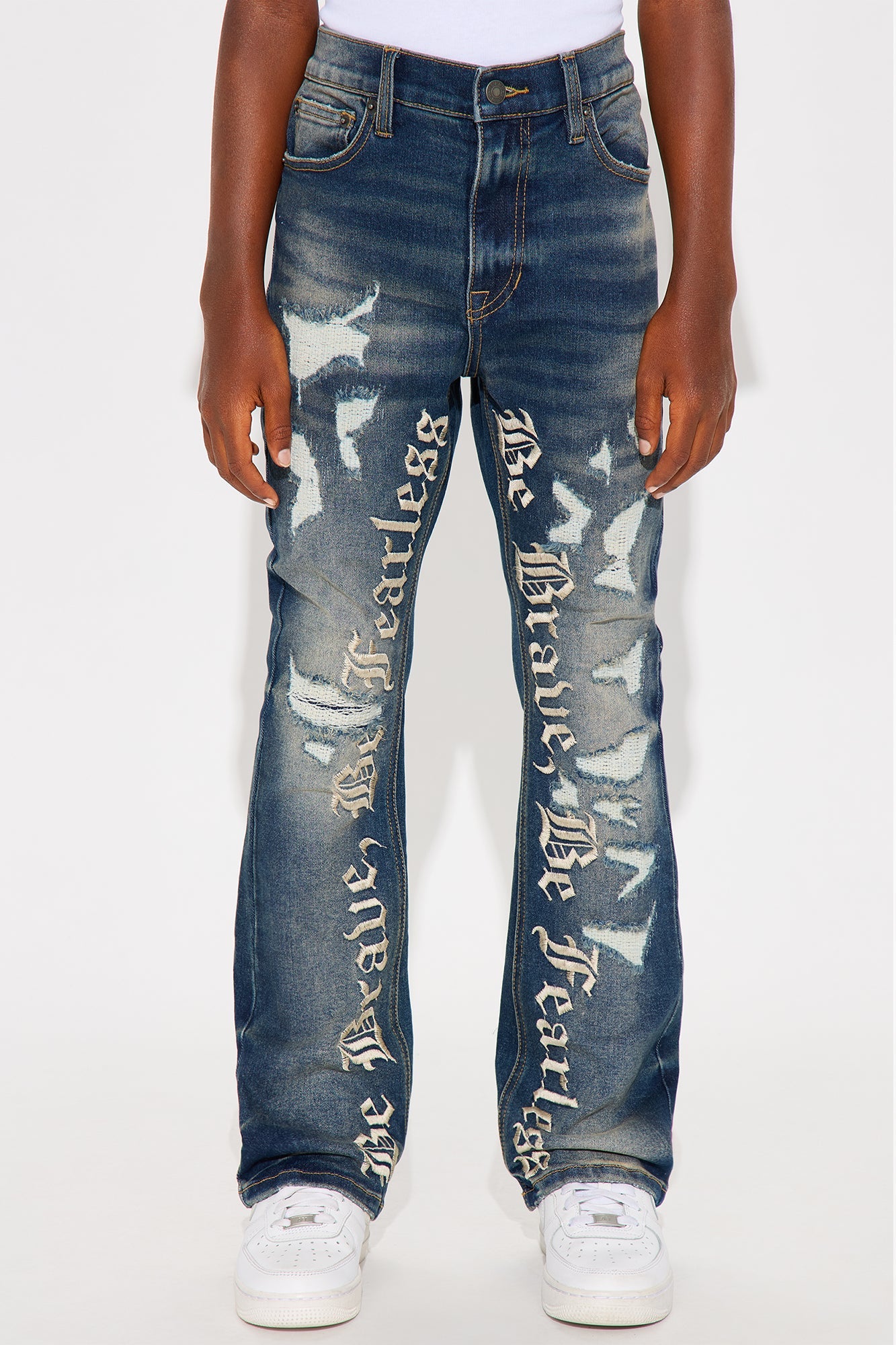 Mini Stacked Skinny Flare Be Brave Be Fearless Embroidered Jean - Dark Wash