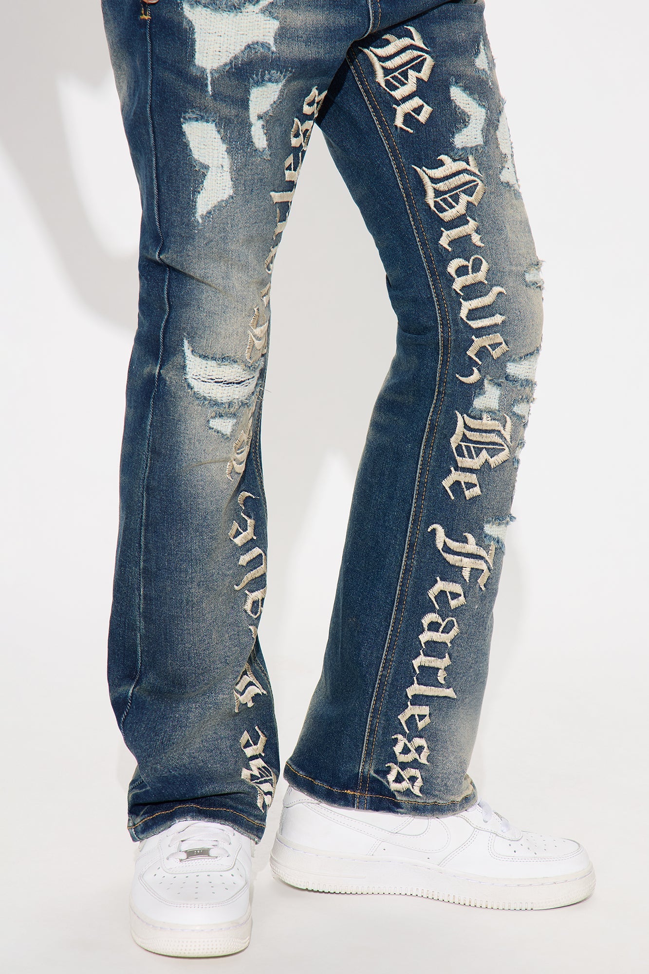 Mini Stacked Skinny Flare Be Brave Be Fearless Embroidered Jean - Dark Wash
