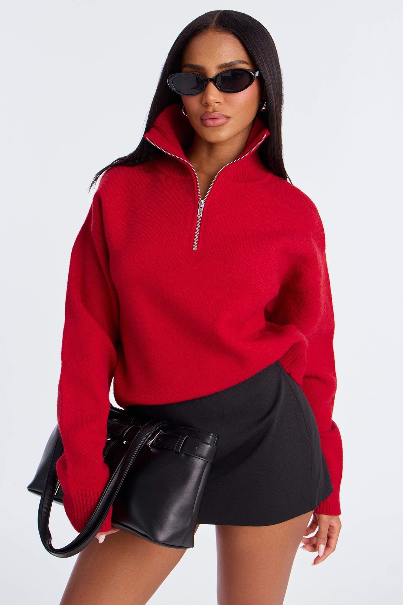 Vintage Feels Quarter Zip Sweater - Red