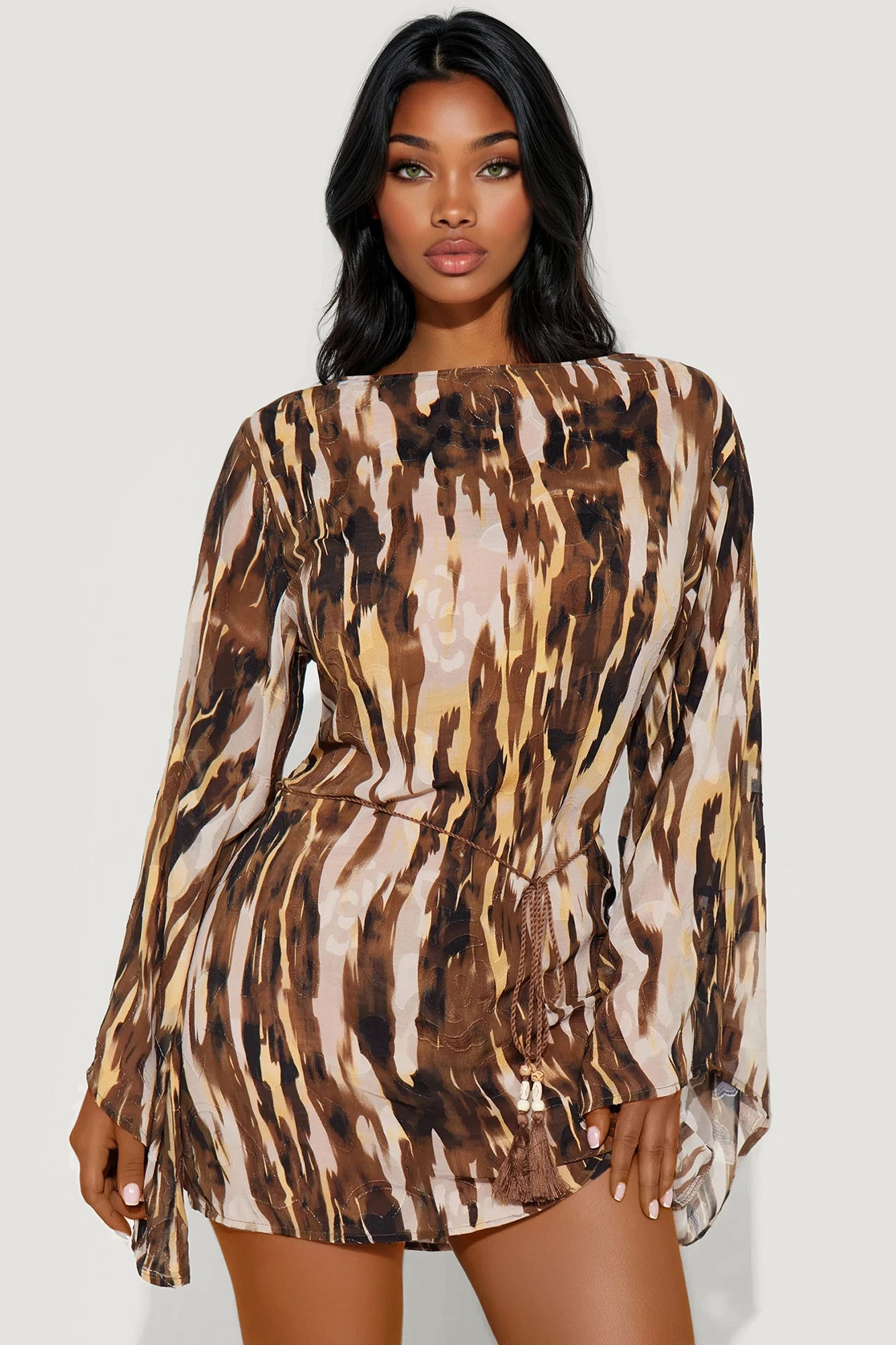 Flow State One Shoulder Chiffon Mini Dress - Brown/combo