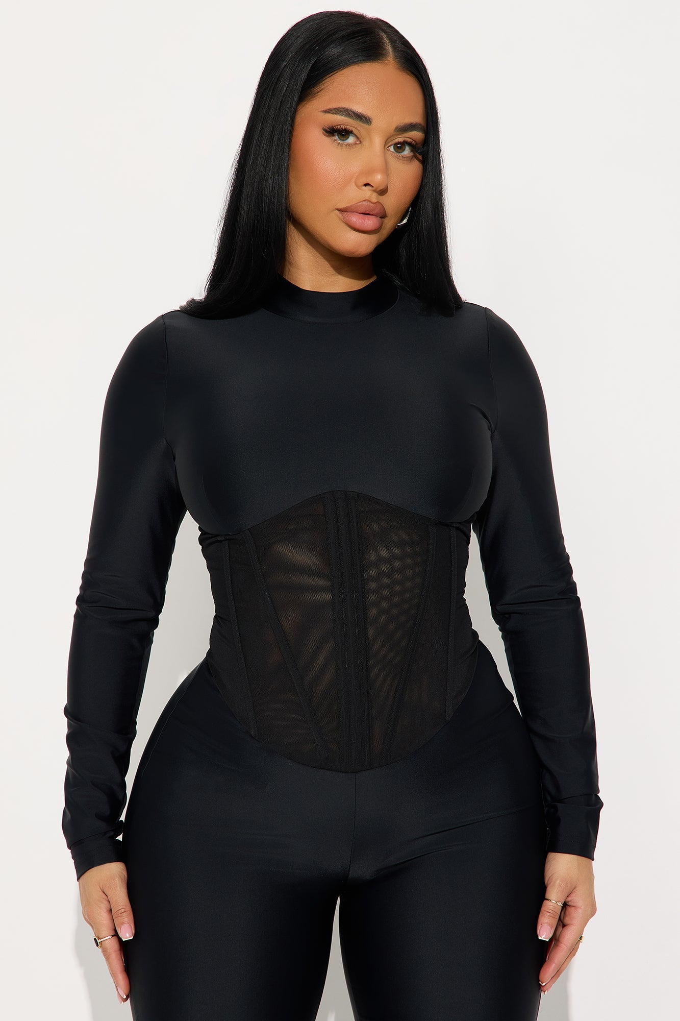 Aria Long Sleeve Corset Waist Jumpsuit - Black