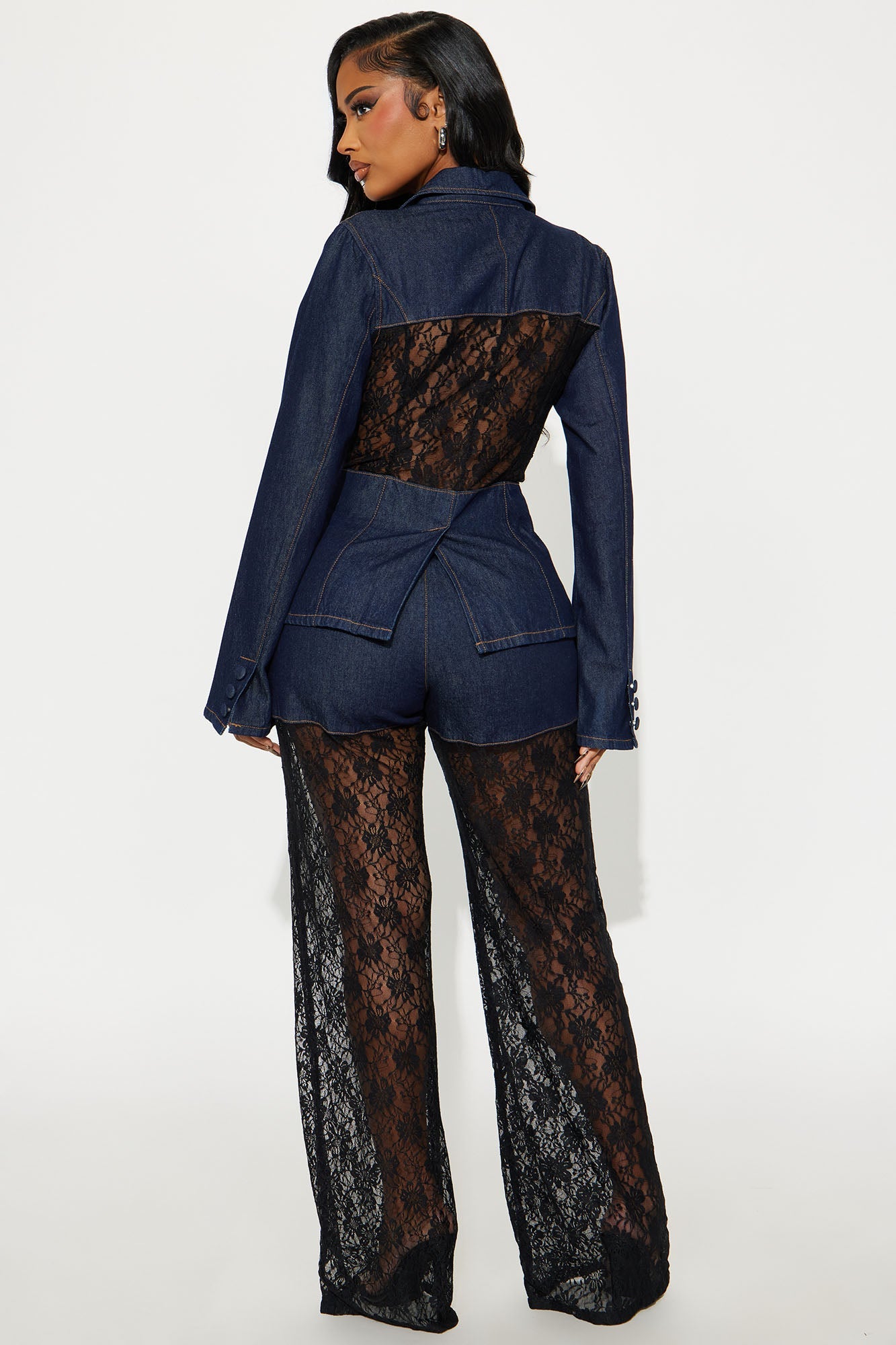 Night Shift Lace Blazer Pant Set - Dark Denim