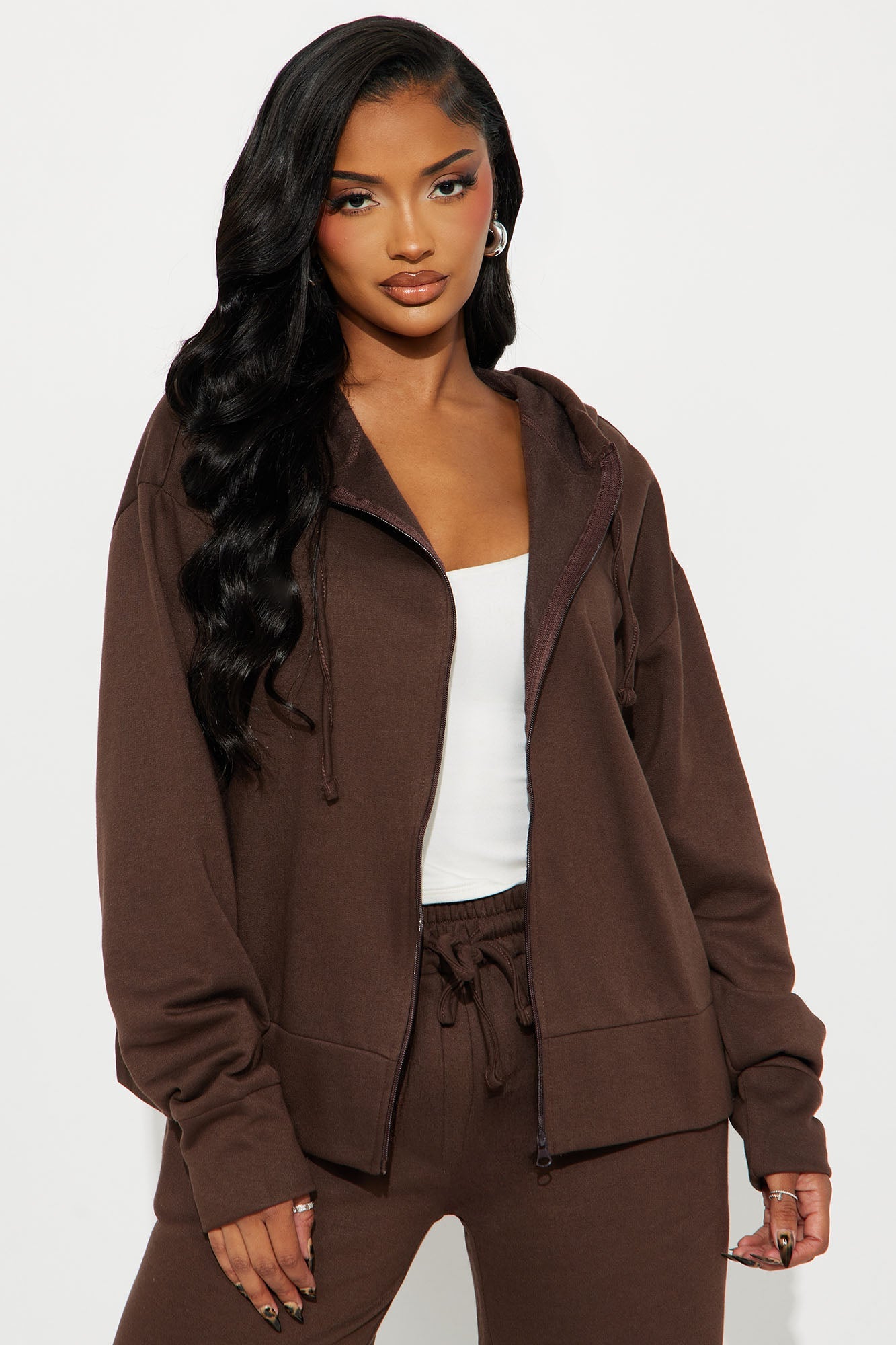 Brooke Oversized Zip Up Fleece Pant Set - Chocolate